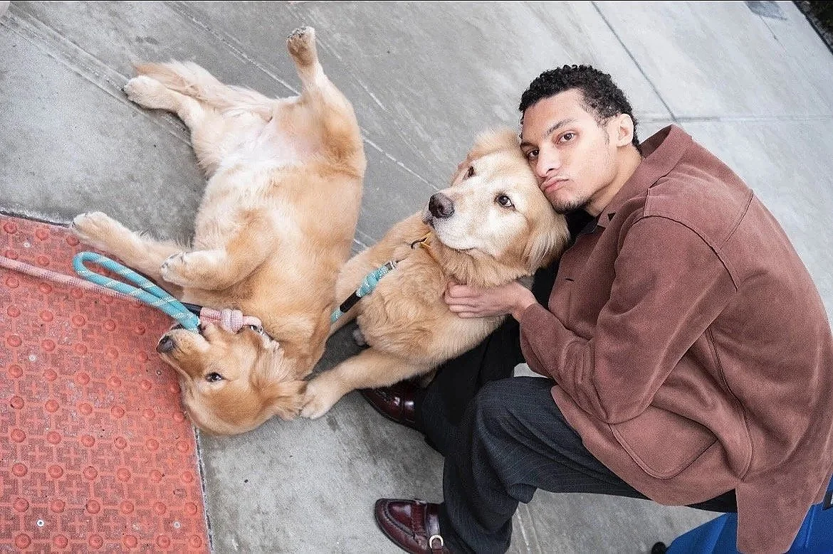 A man sitting on the floor with three Labrador retrievers, one lying on their back, one resting their head on the man's shoulder, and one sitting upright next to the man.