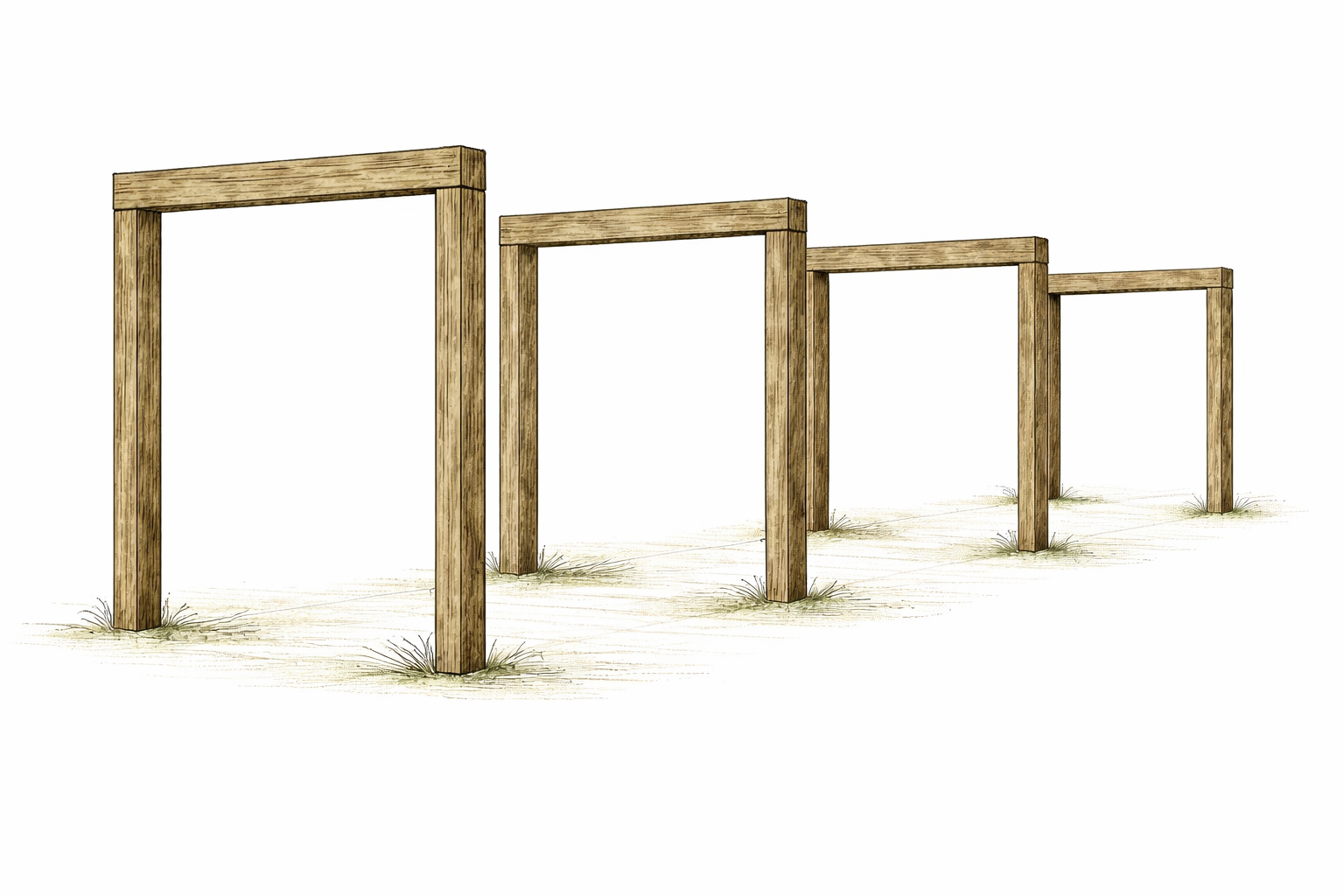 Four wooden frames aligned in a row on sandy ground, gradually decreasing in size from left to right, with sparse grass patches at the base of each frame.
