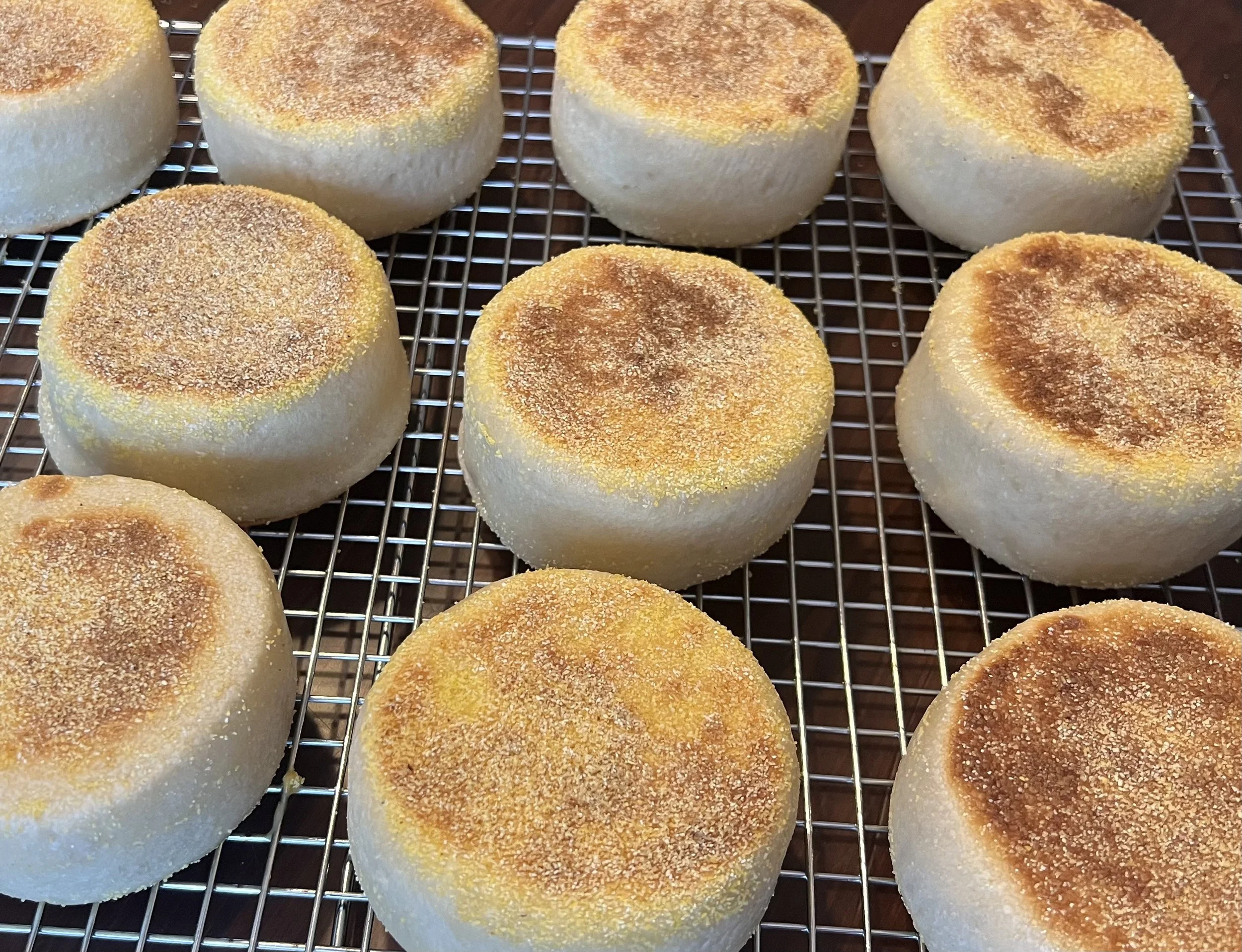 Nine freshly baked English muffins on a cooling rack with golden-brown tops.