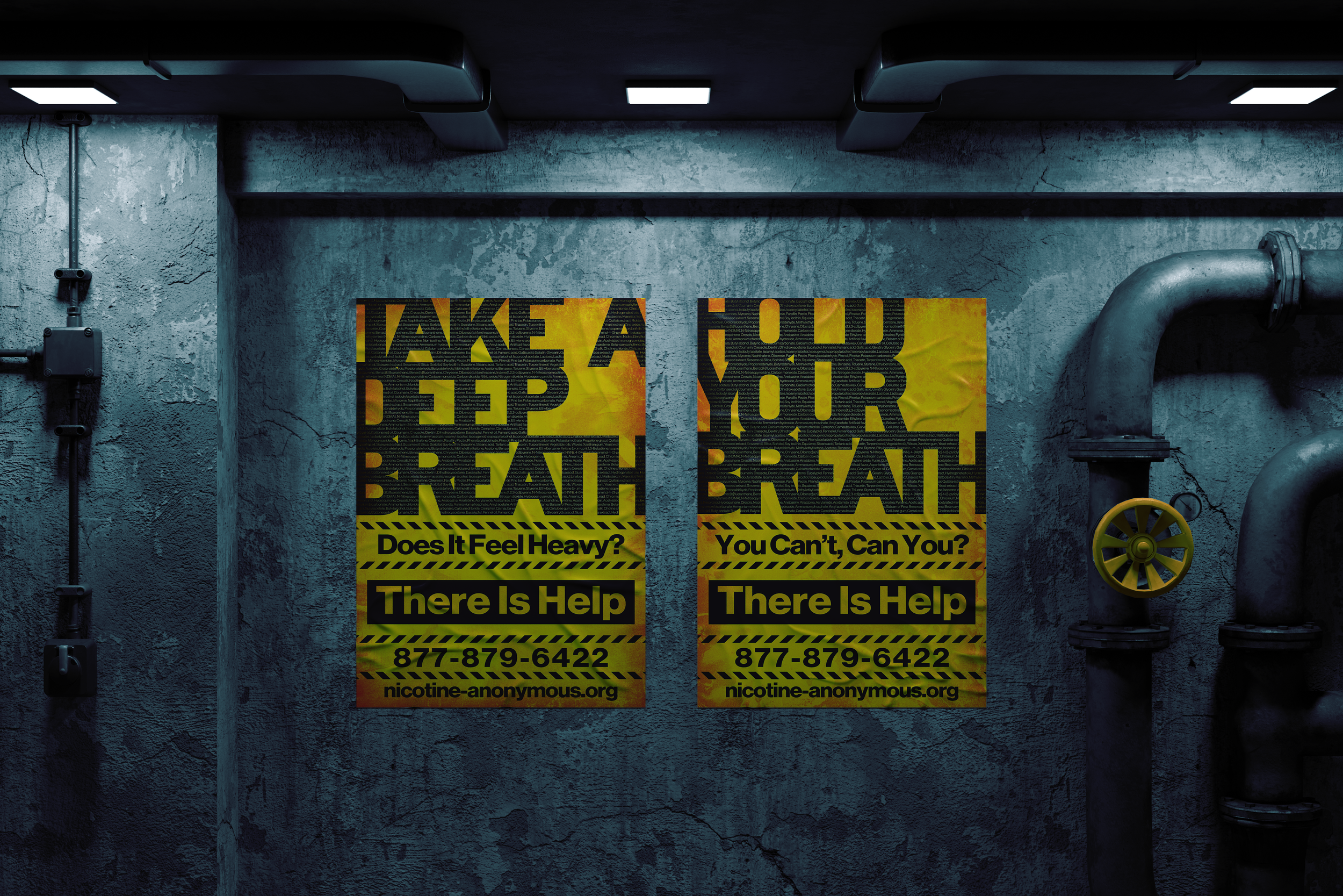 A picture of two posters in a depressive looking boiler room, I think.