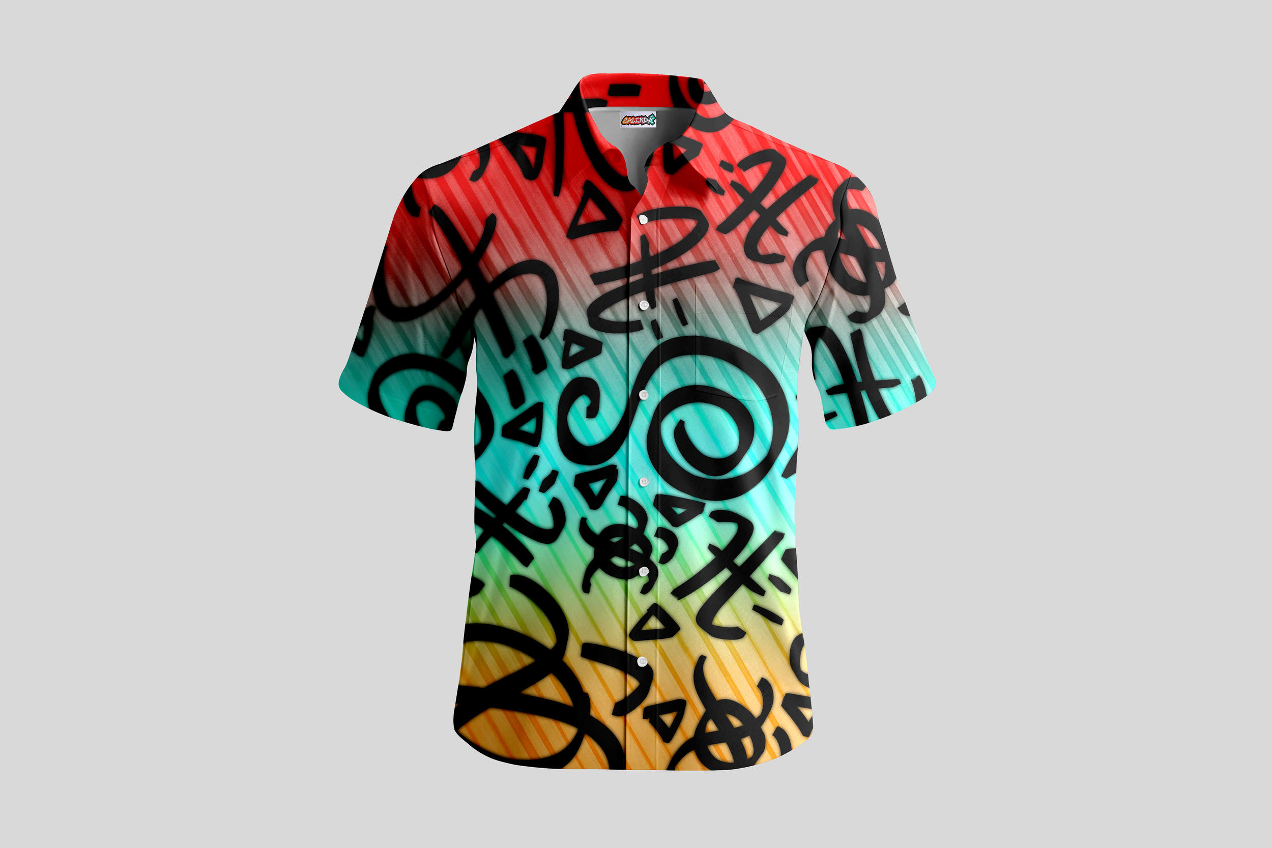 A picture of a red, teal, and yellow gradient button up shirt plastered with symbols and marker doodles sitting in a white void.