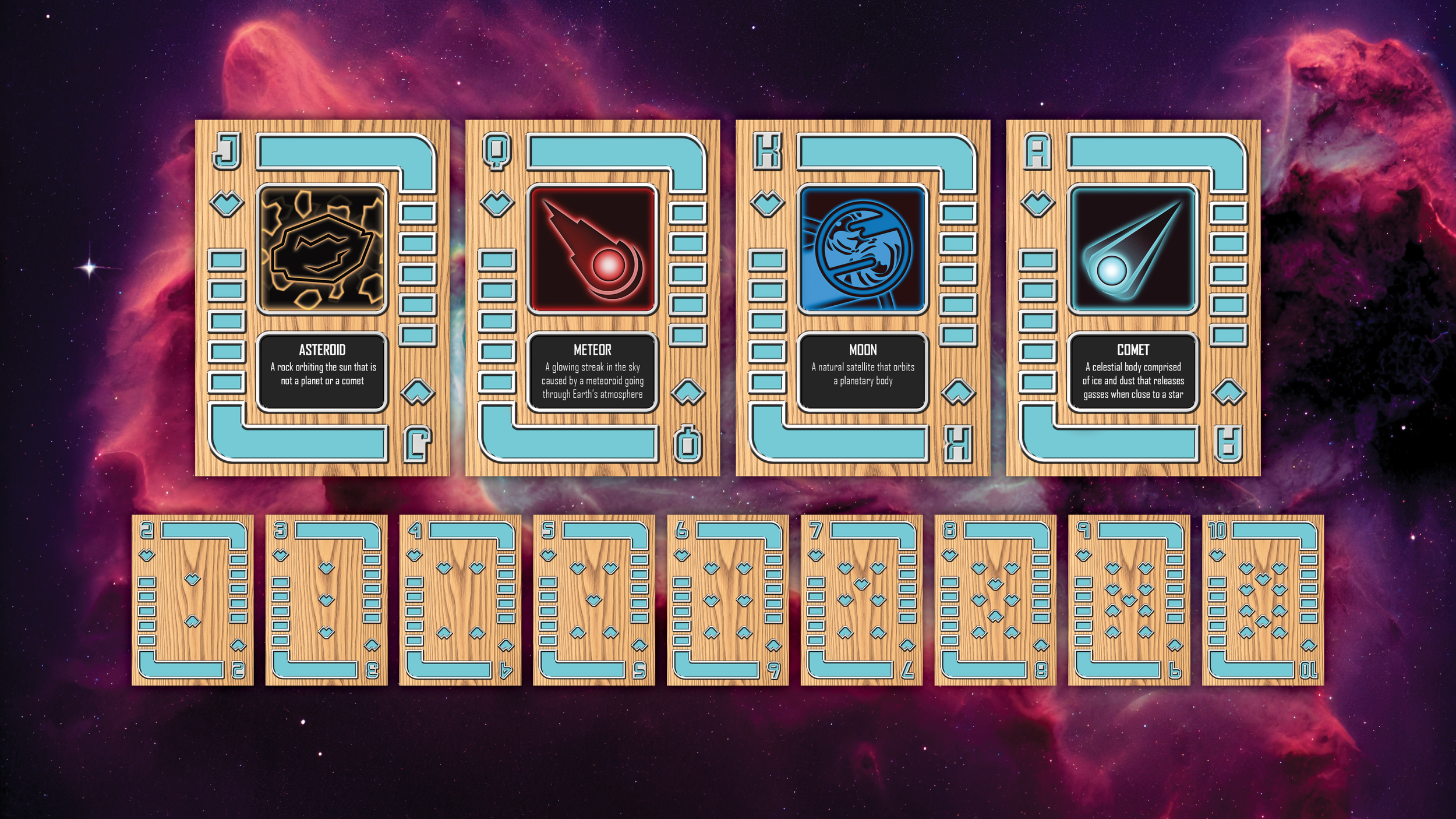 Flats of every Heart card with an outer space background.