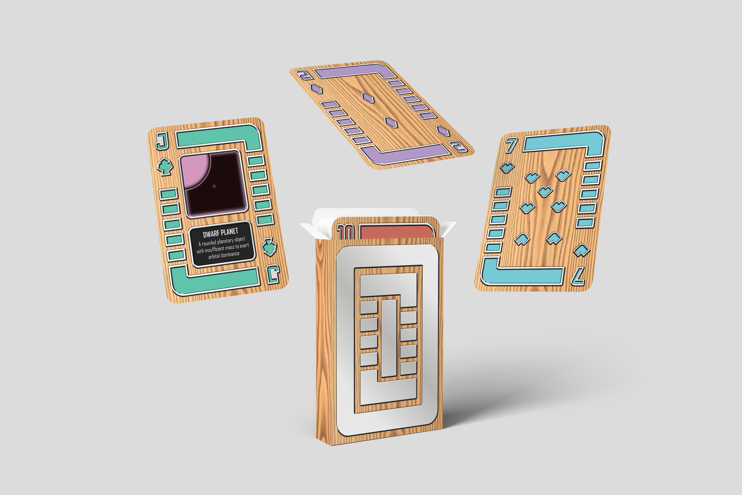 A picture of a box of cards with three cards flying around it, all contained within an empty white void.