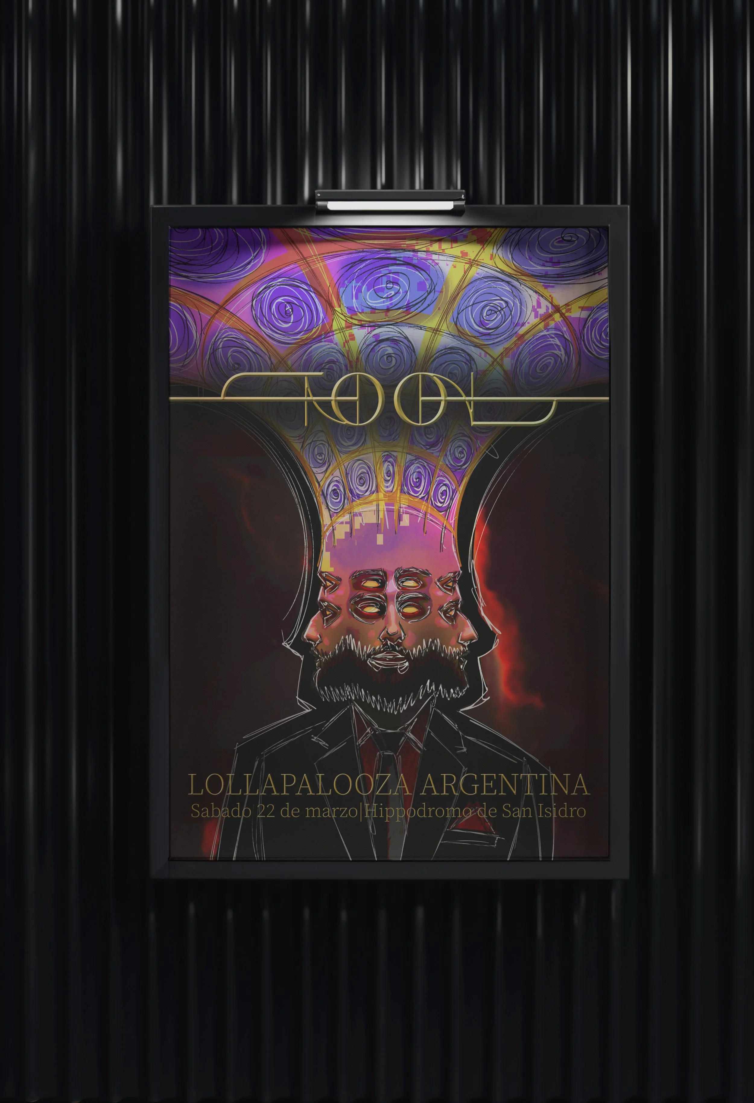 A photo of a poster mount in a dark room.