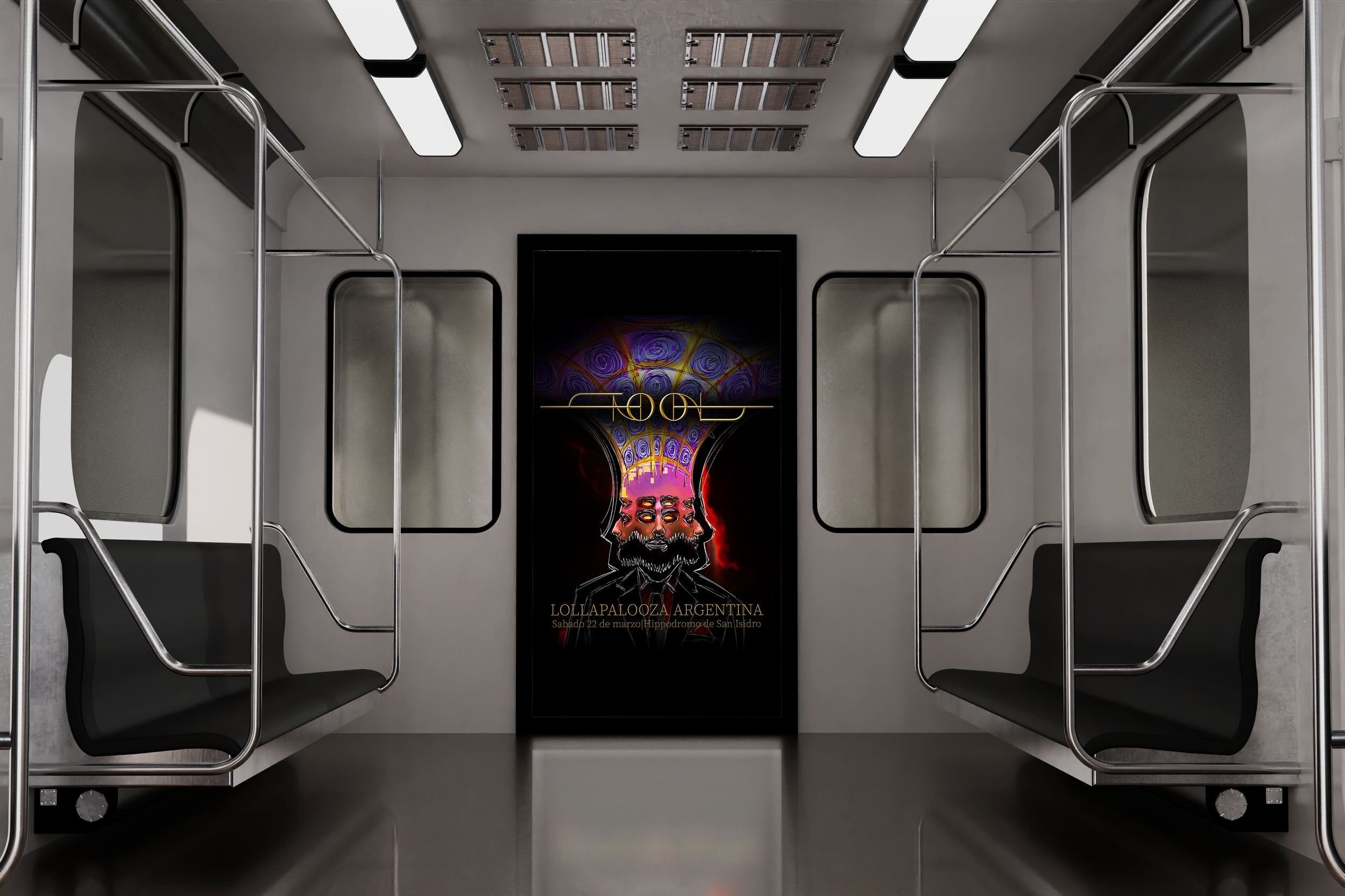 A photo of the inside of a subway train.