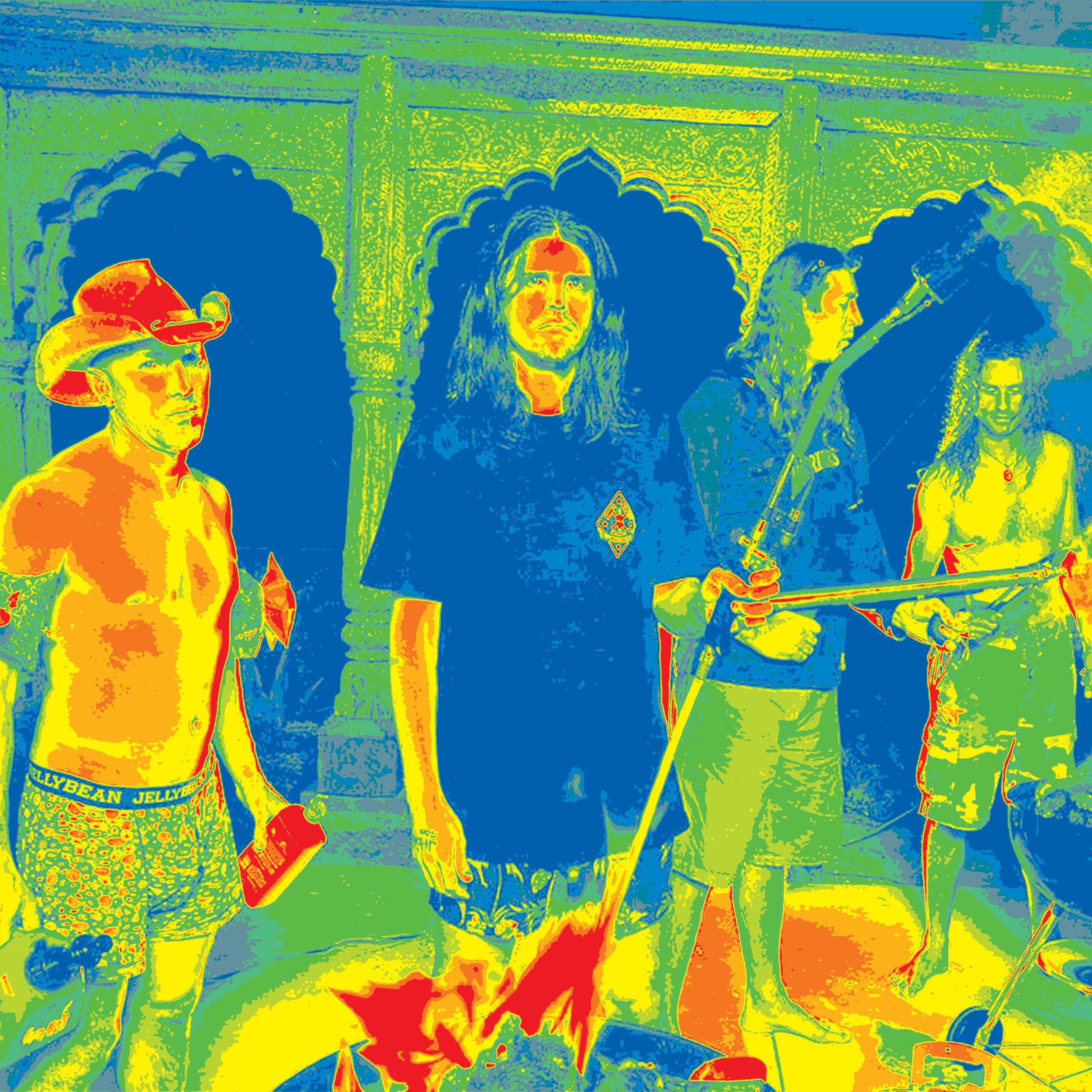 A flat depicting the band members having a pyromaniac bbq.
