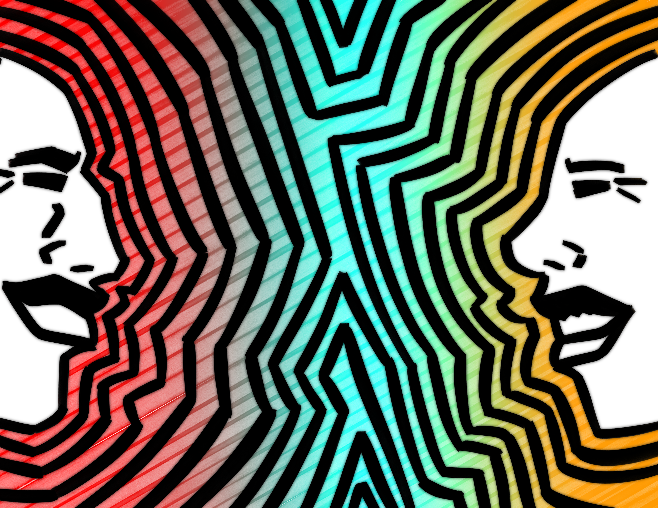 A flat of the tent's back wall. It features the same stylized profiles of the man and woman used on the mural but this time facing each other with concentric lines  connecting in the center.