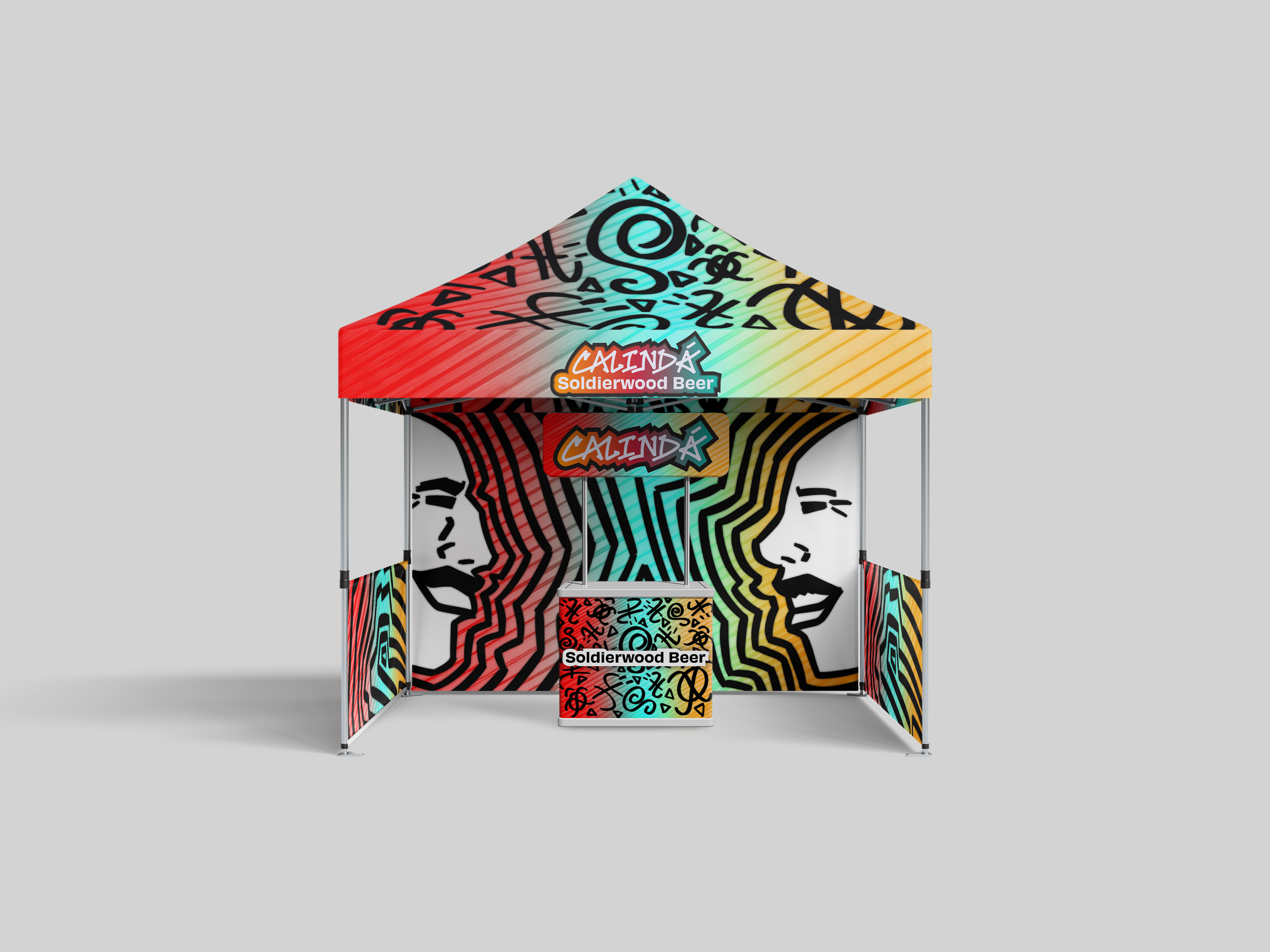 A picture tent and podium featuring the drink's branding sitting in a white void.