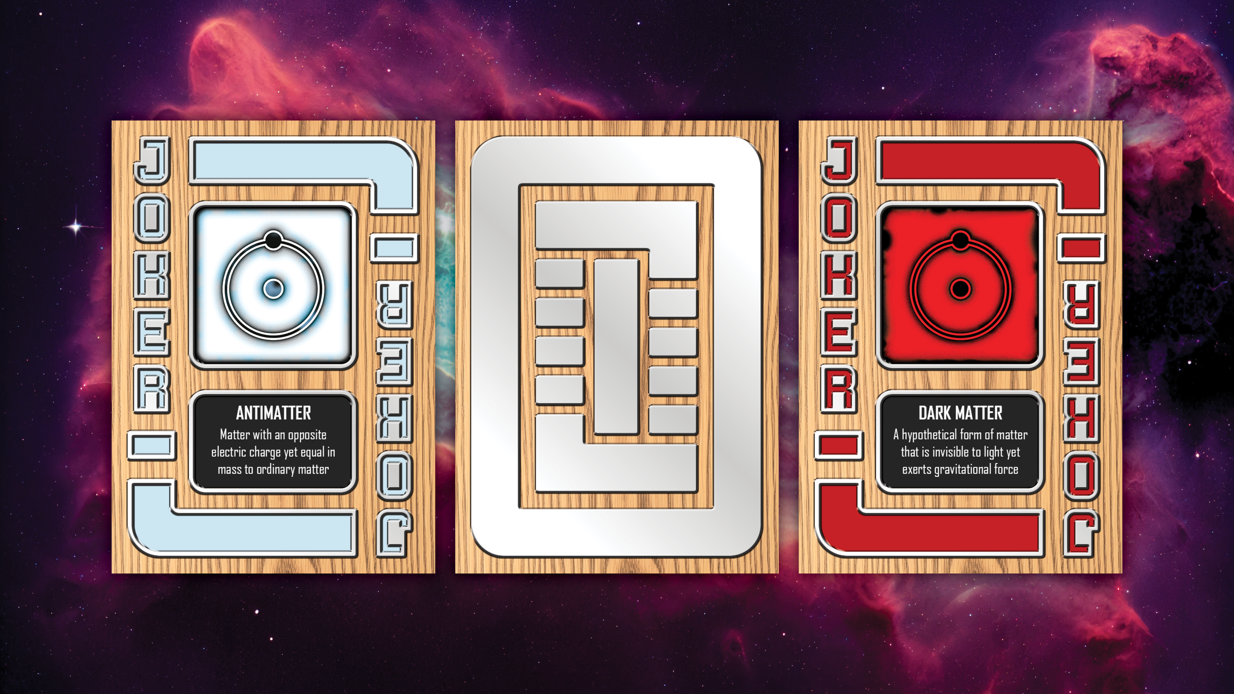 Flats of both Jokers and the card back with an outer space background.