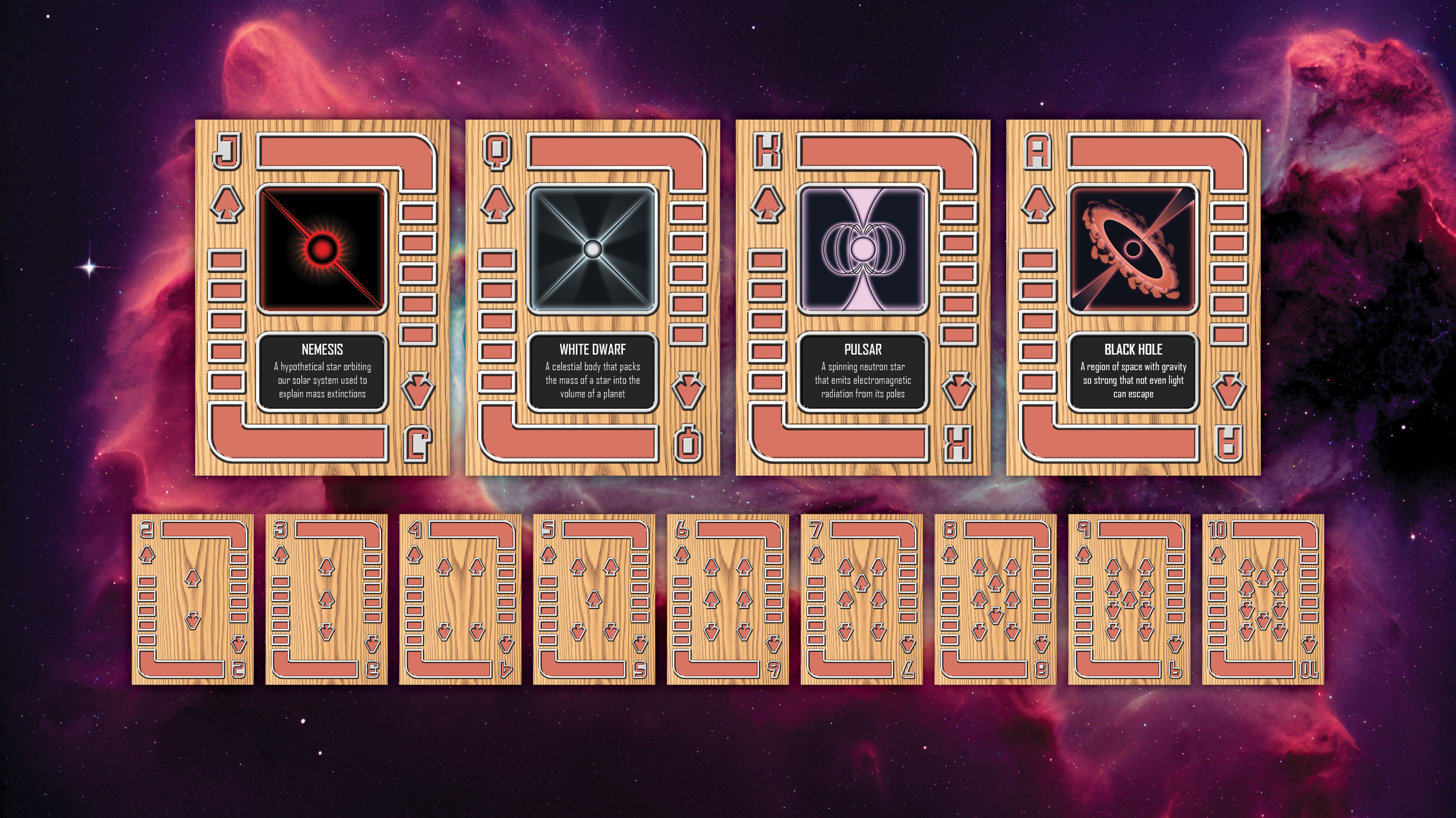 Flats of every Spade card with an outer space background.