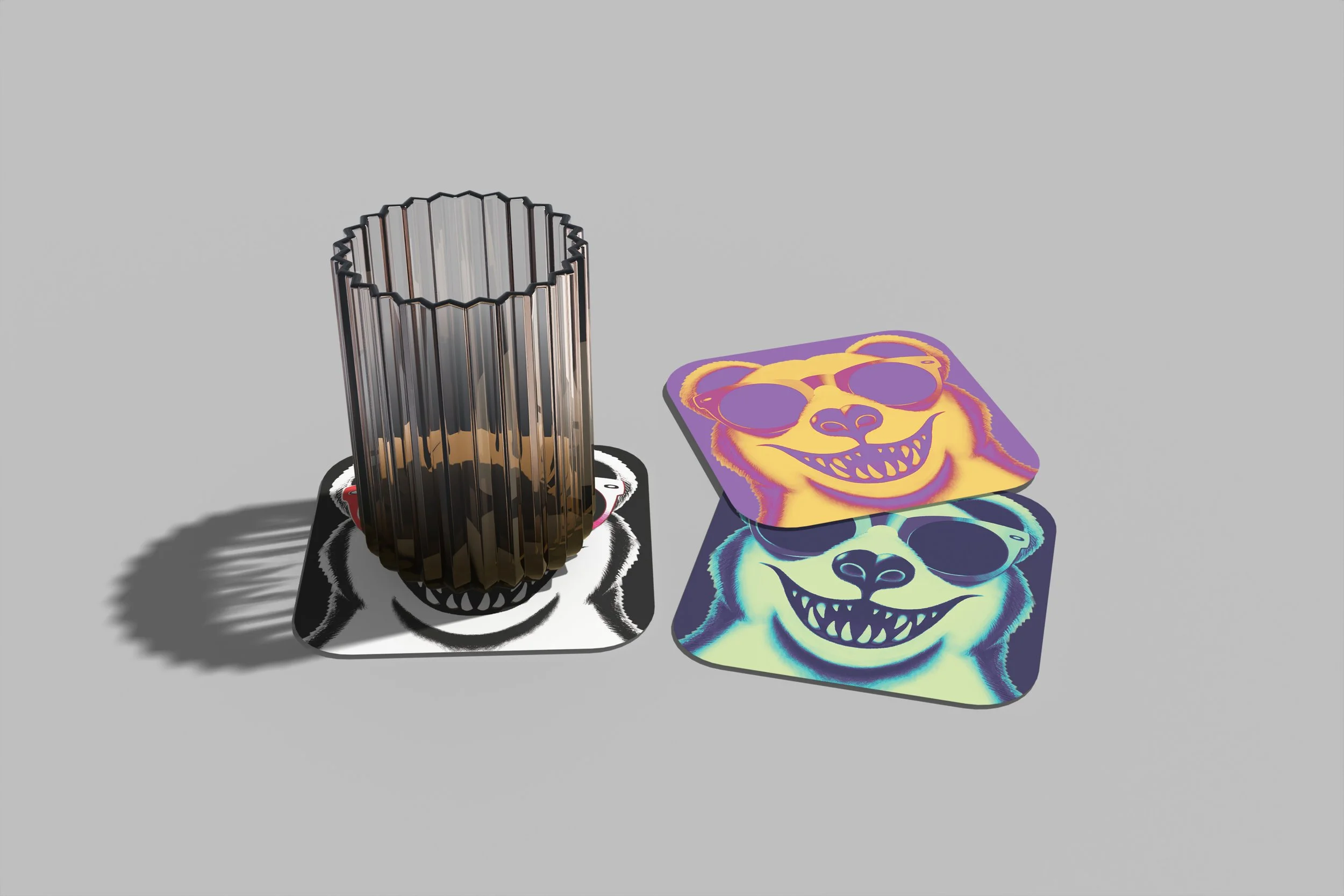 A mockup of three drink coasters, one with a drink on it.