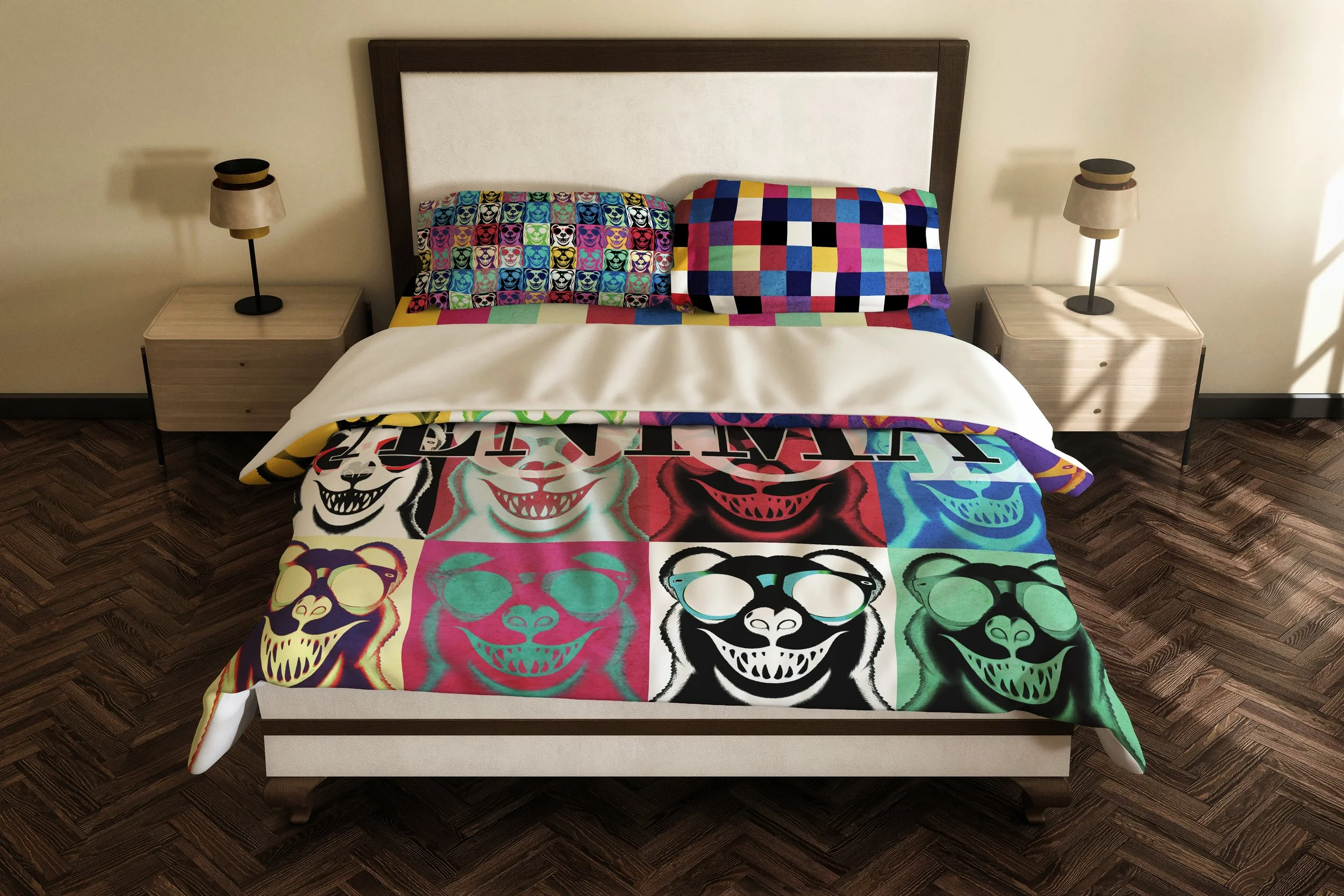 A mockup of a commemorative bedroom set. (two pillows, sheets, and a comforter)