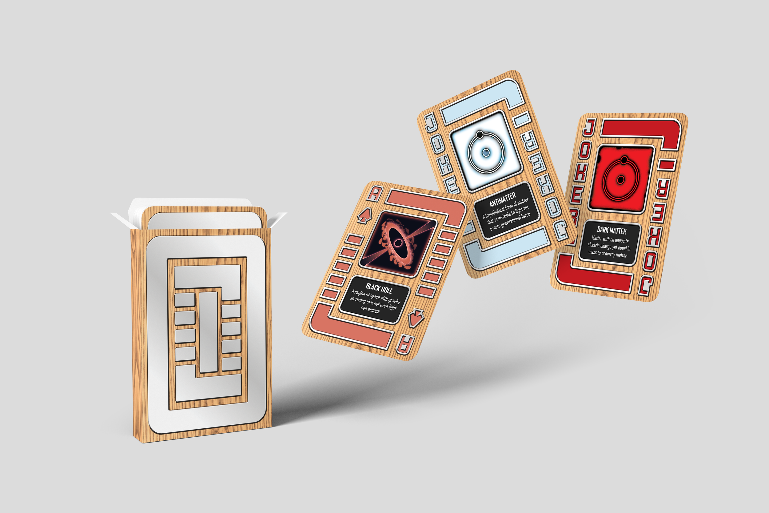 A picture of a box of cards with three cards flying in from the right side, all contained within an empty white void.