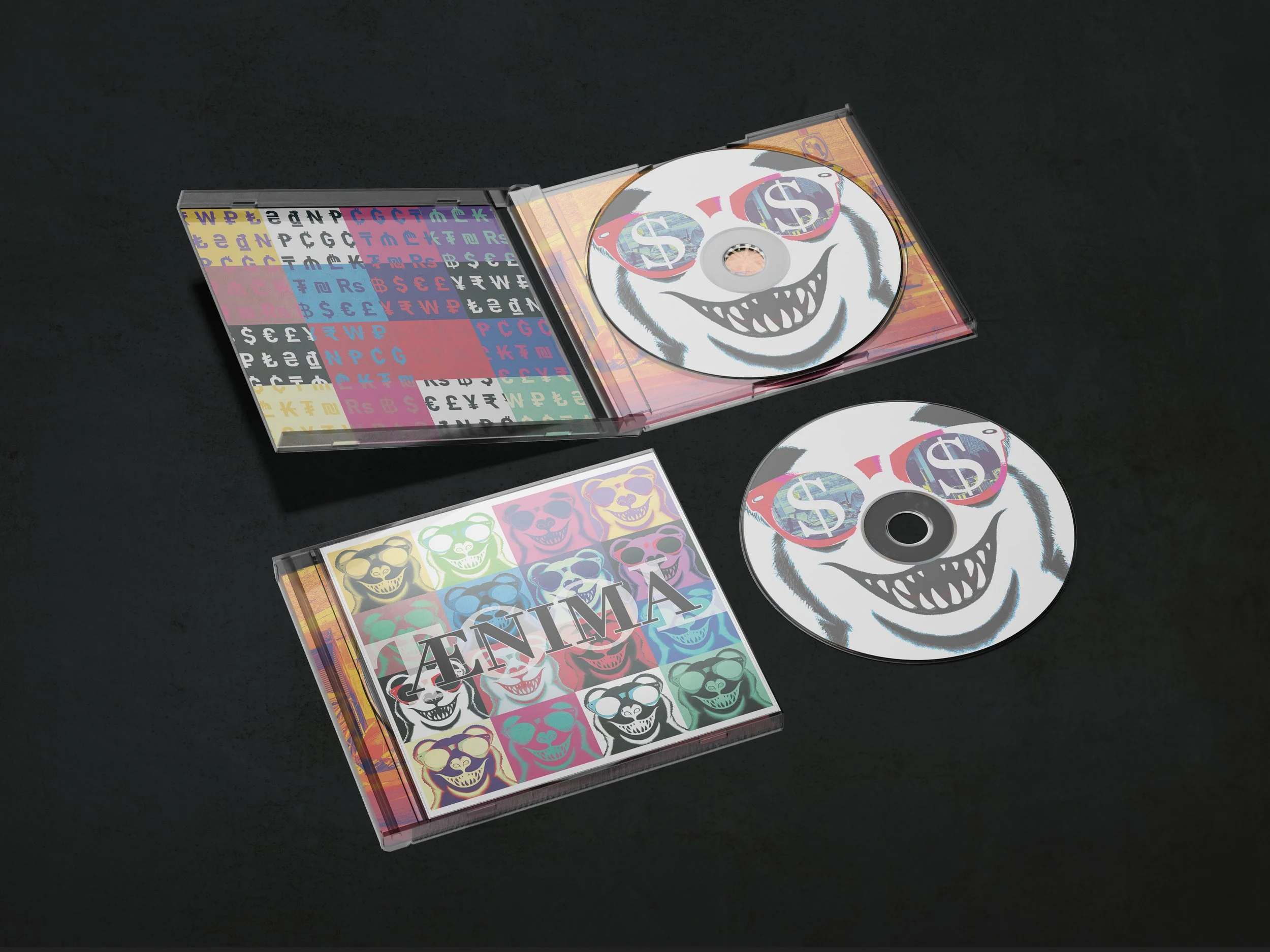 A mockup of a CD, a jewel case, and an open jewel case with a CD in it.