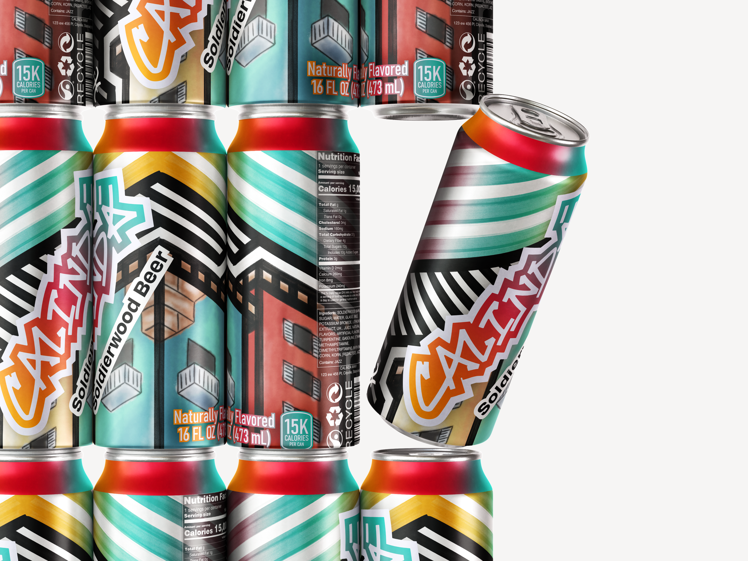 A picture of a wall of cans with one can falling out.