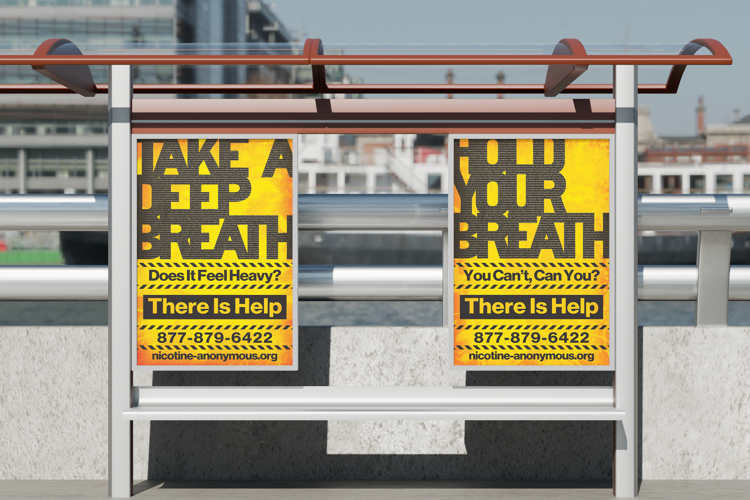 A picture of two posters mounted at a bus stop.