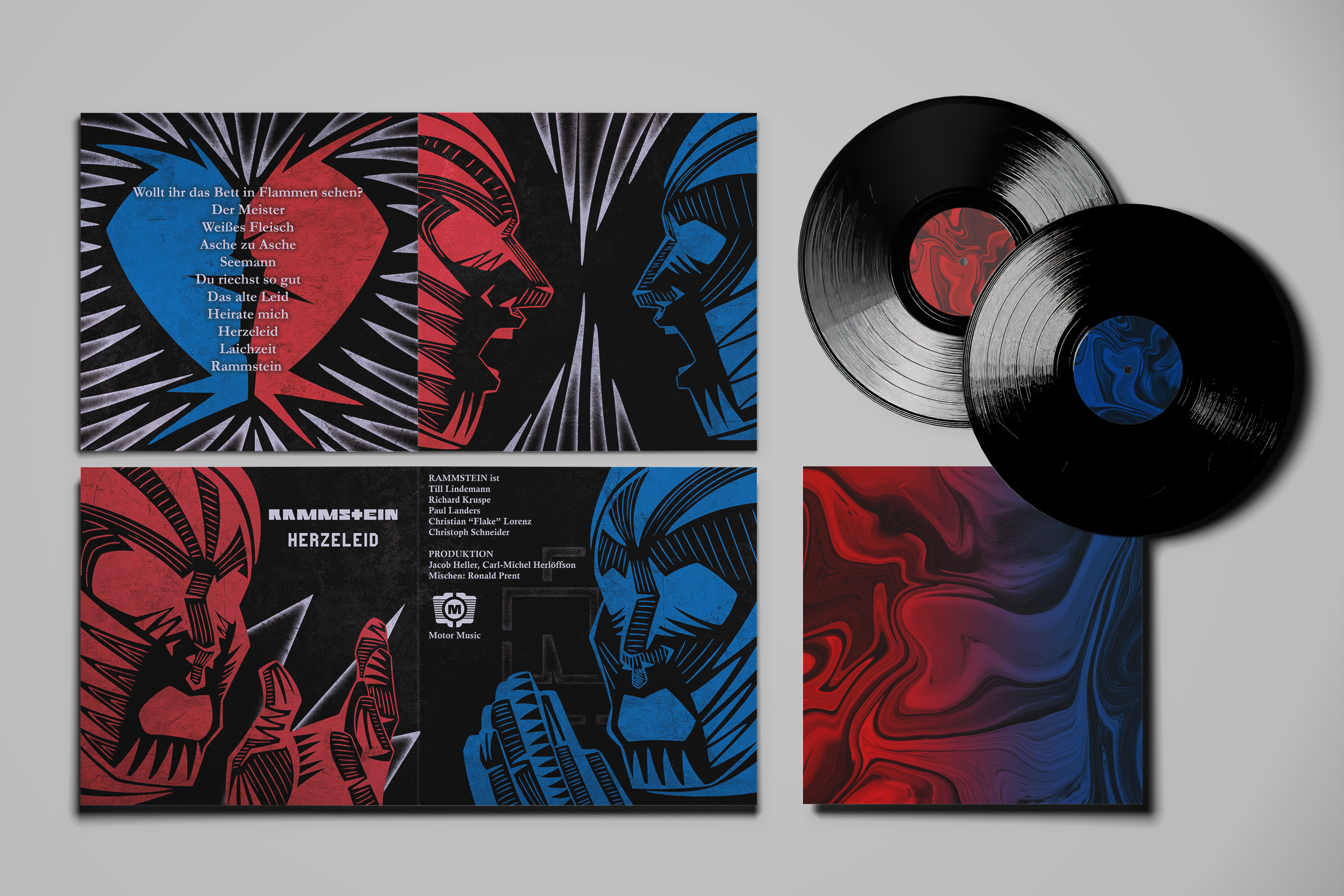 A top down view of the album's inside and outside along with a sleeve and two disks.