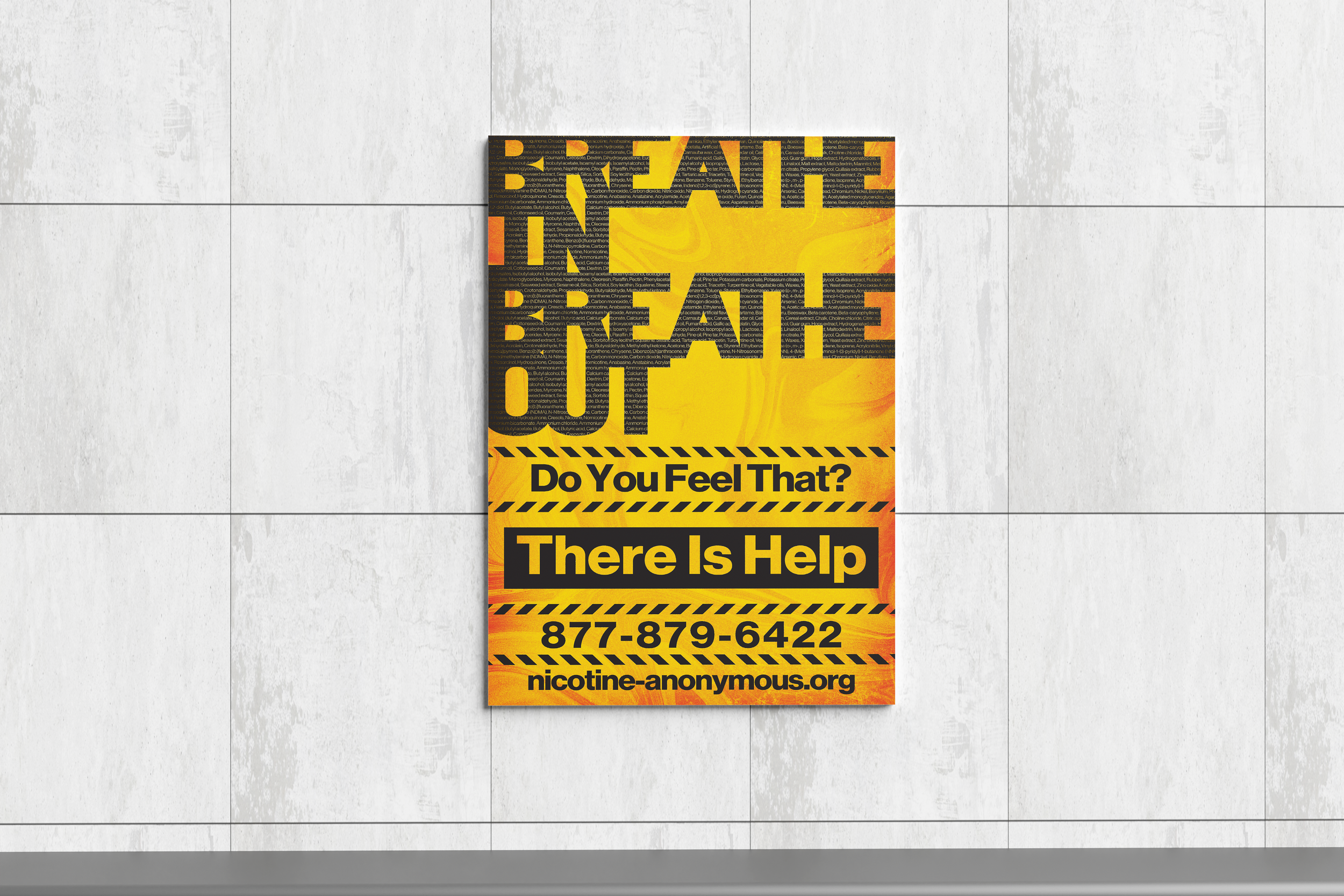 A picture of a big poster on a marble wall.