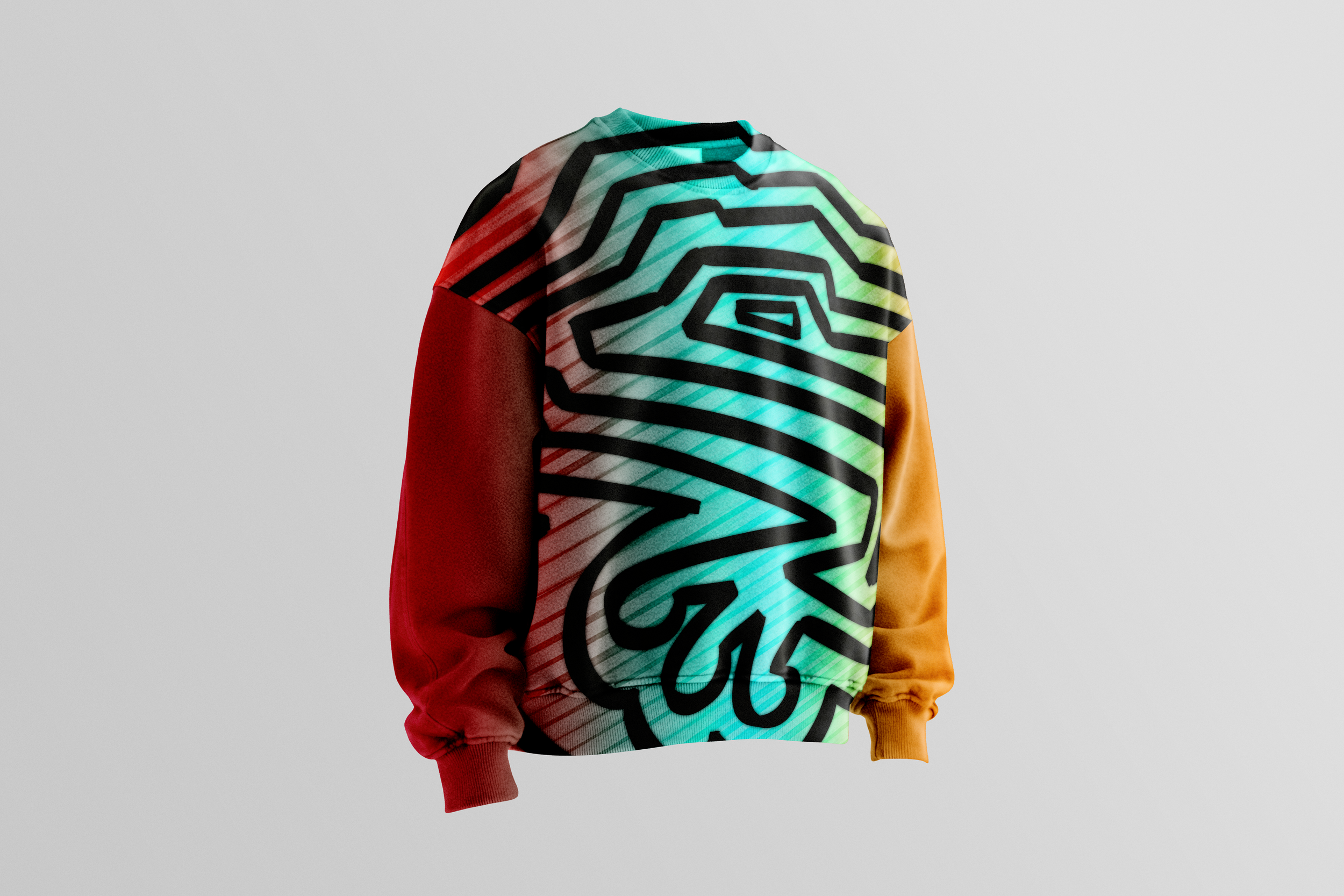 A picture of a red, teal, and yellow gradient pair of sweatpants with a red left sleeve and yellow right sleeve and a a striped, concentric frog design sitting in a white void.