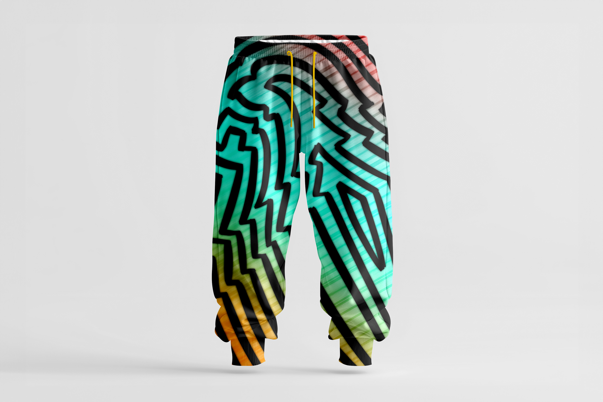 A picture of a red, teal, and yellow gradient pair of sweatpants with a striped, concentric parrot design sitting in a white void.