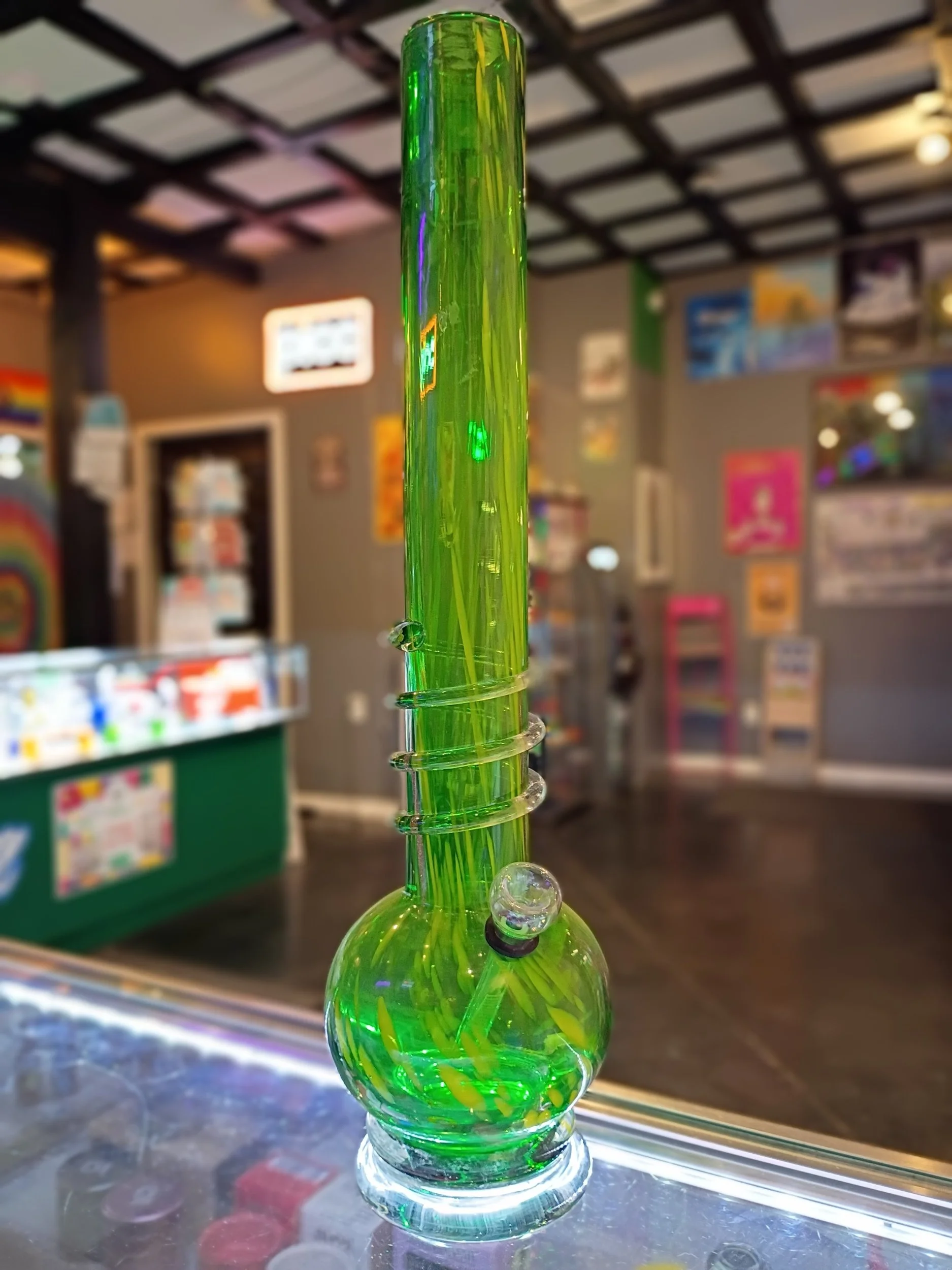 Tall glass green and yellow bong