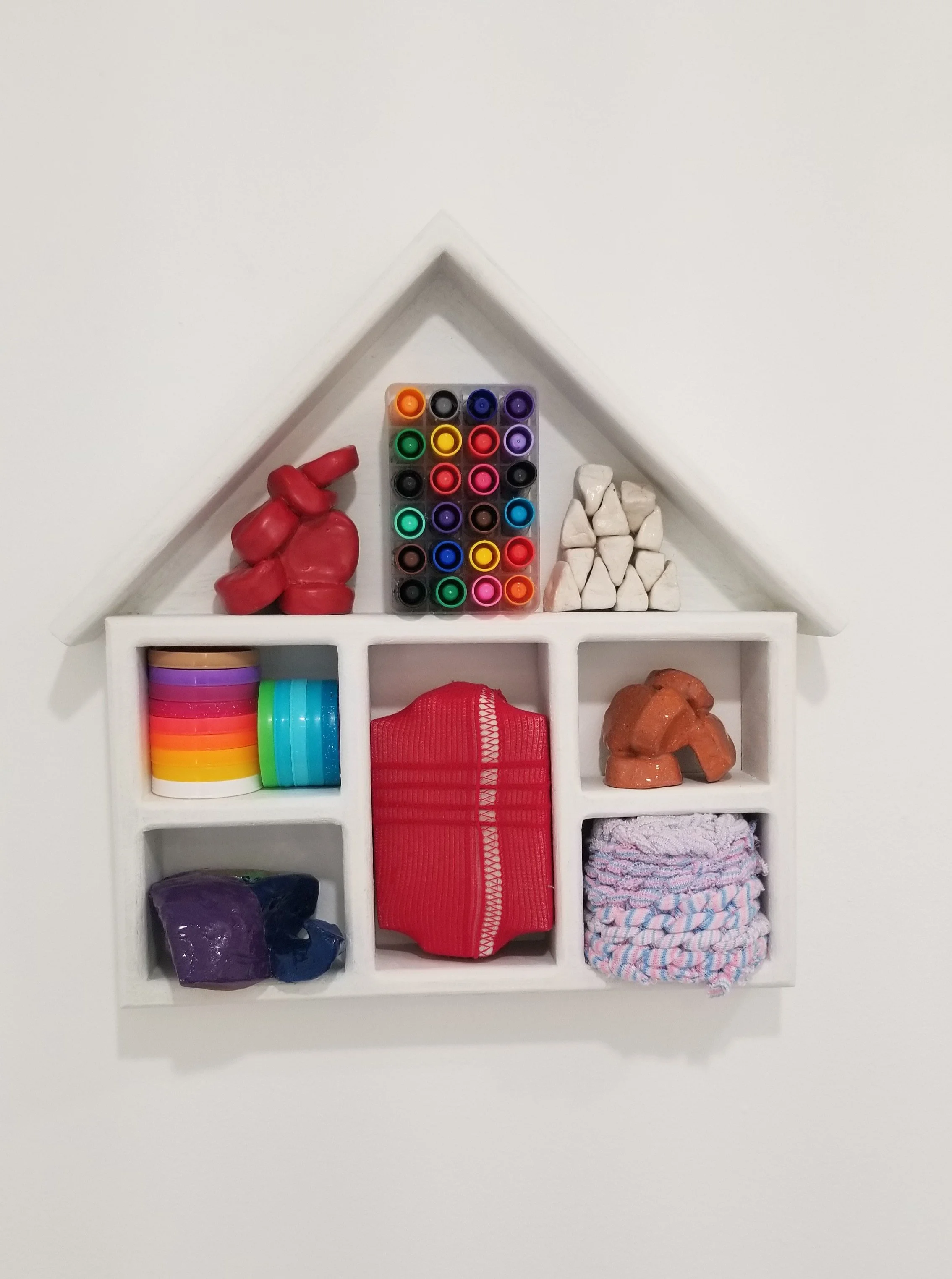 Mary Elkins
Souvenirs, Collected and Made
Low Fire Clay, Glaze, Underglaze, Plastic, 
Nylon, Air Dry Clay, Glue, Polyester, Wood
14” x 15” x 3”
2024