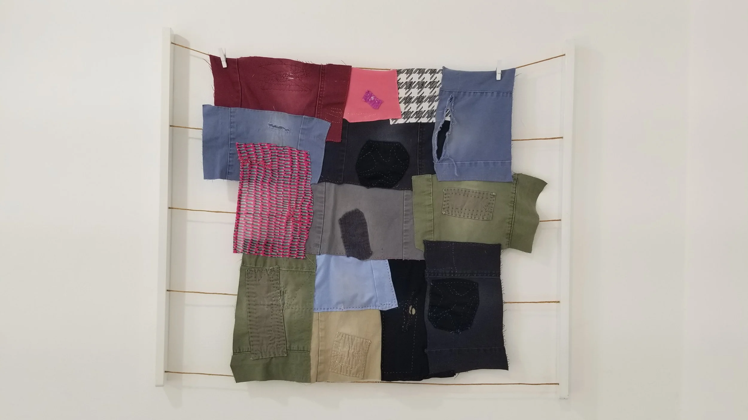 Patch Collection

26" x 30" x 2"

Cotton, Polyester, Thread, Clothespins, Wood, Rope

2024


