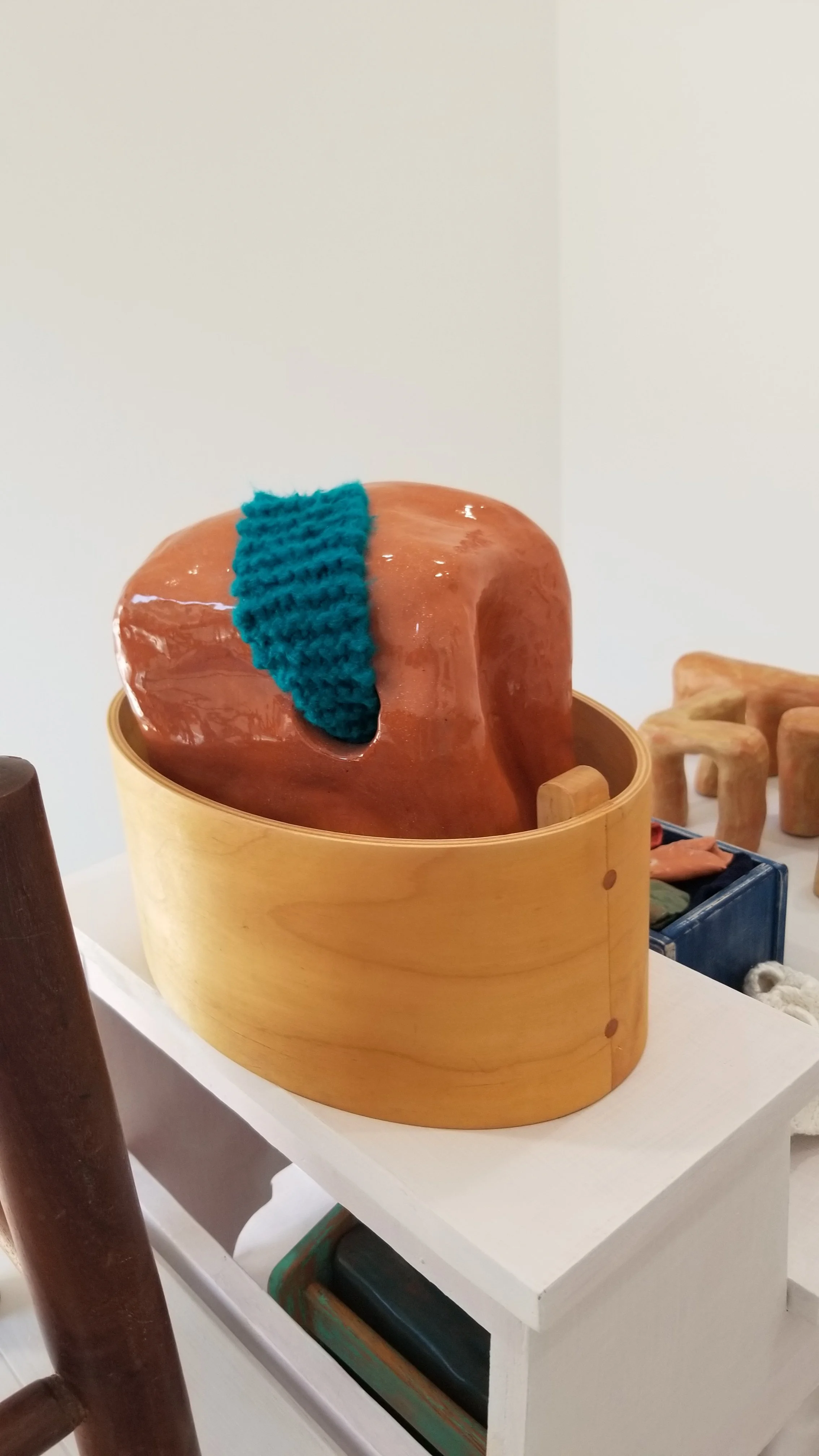 Mary Elkins
Ensconced
Low Fire Clay, Glaze, Bamboo Yarn, Wool, Wood
2024