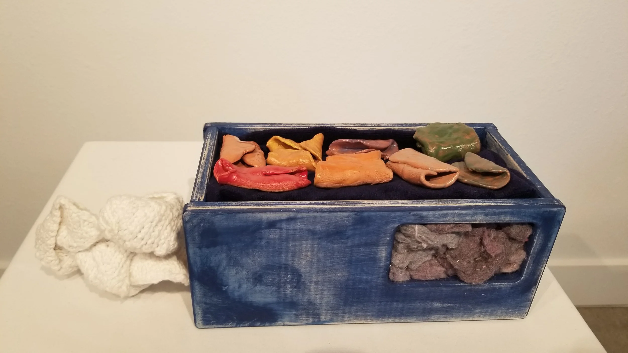 Laundry, My Favorite Household Task

Cotton, Wooden Box, Paint, Lint, Low Fire Clay and Underglaze

