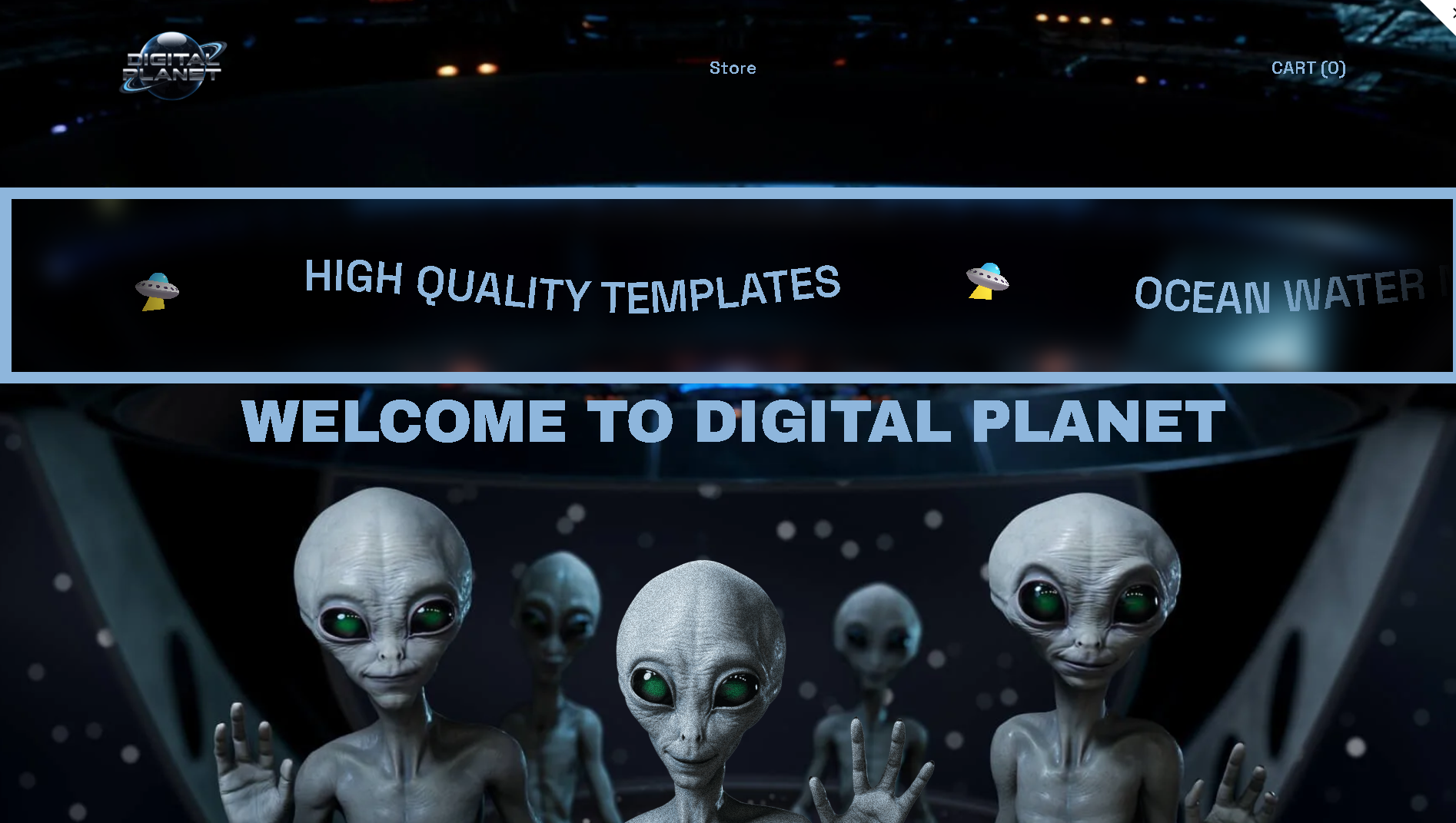 Group of cartoon aliens with large eyes inside a spaceship, with a space-themed background and digital planet logo at the top.