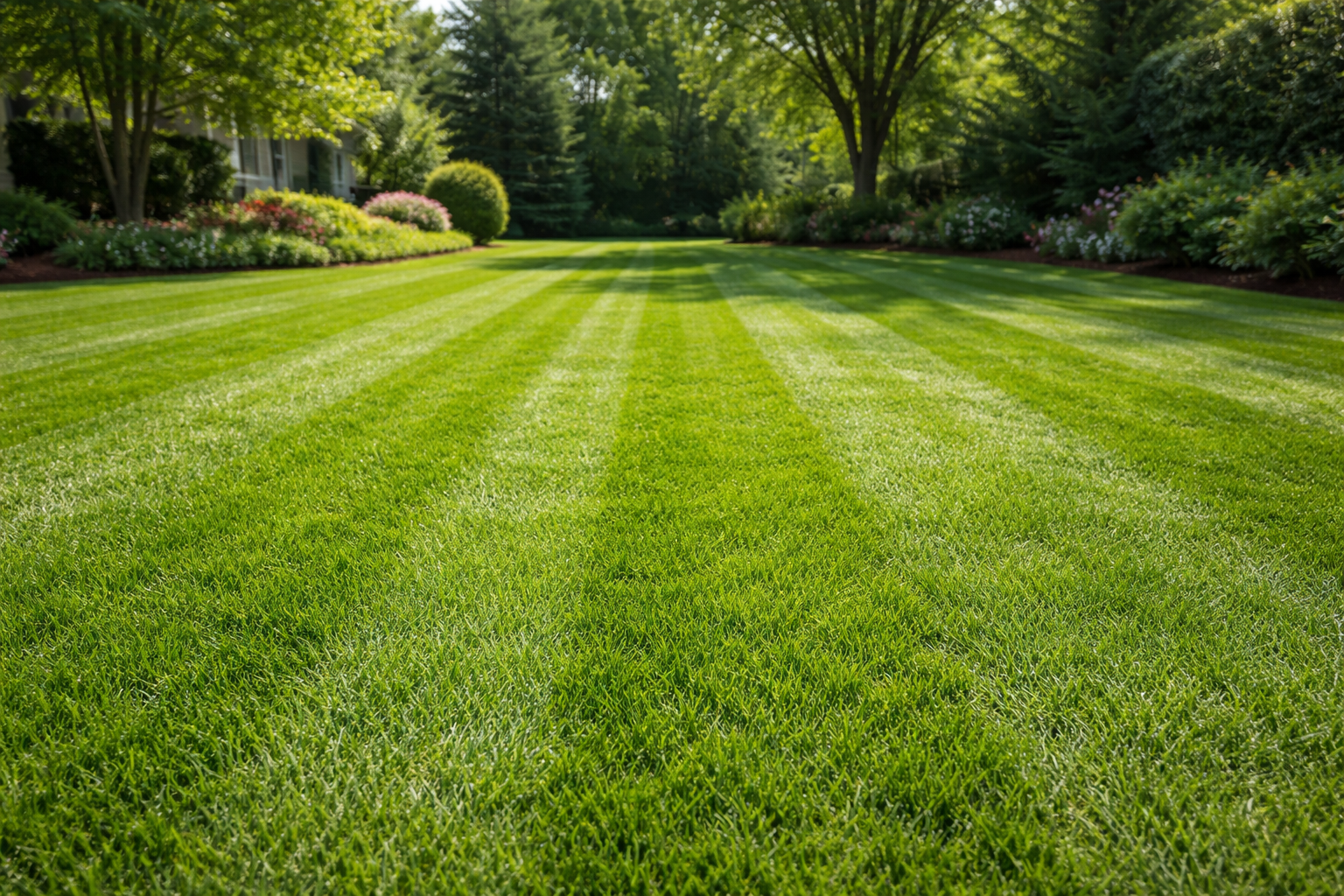 A well-manicured lawn with striped green grass, bordered by flowering plants and trees.