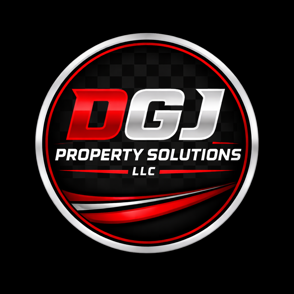 Logo for DJ Property Solutions LLC with red, white, and black color scheme, featuring a circular design and stylized lines.