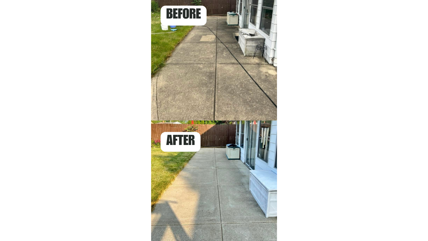 Comparison photo of a concrete backyard patio before and after cleaning. The "before" image shows a dirty, stained surface, and the "after" image shows a clean, bright surface with a freshly cleaned look.
