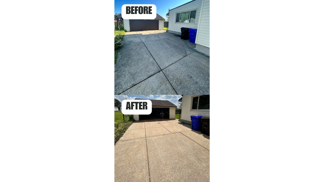 Comparison of a concrete driveway before and after cleaning, showing a cleaner, lighter surface in the after photo.