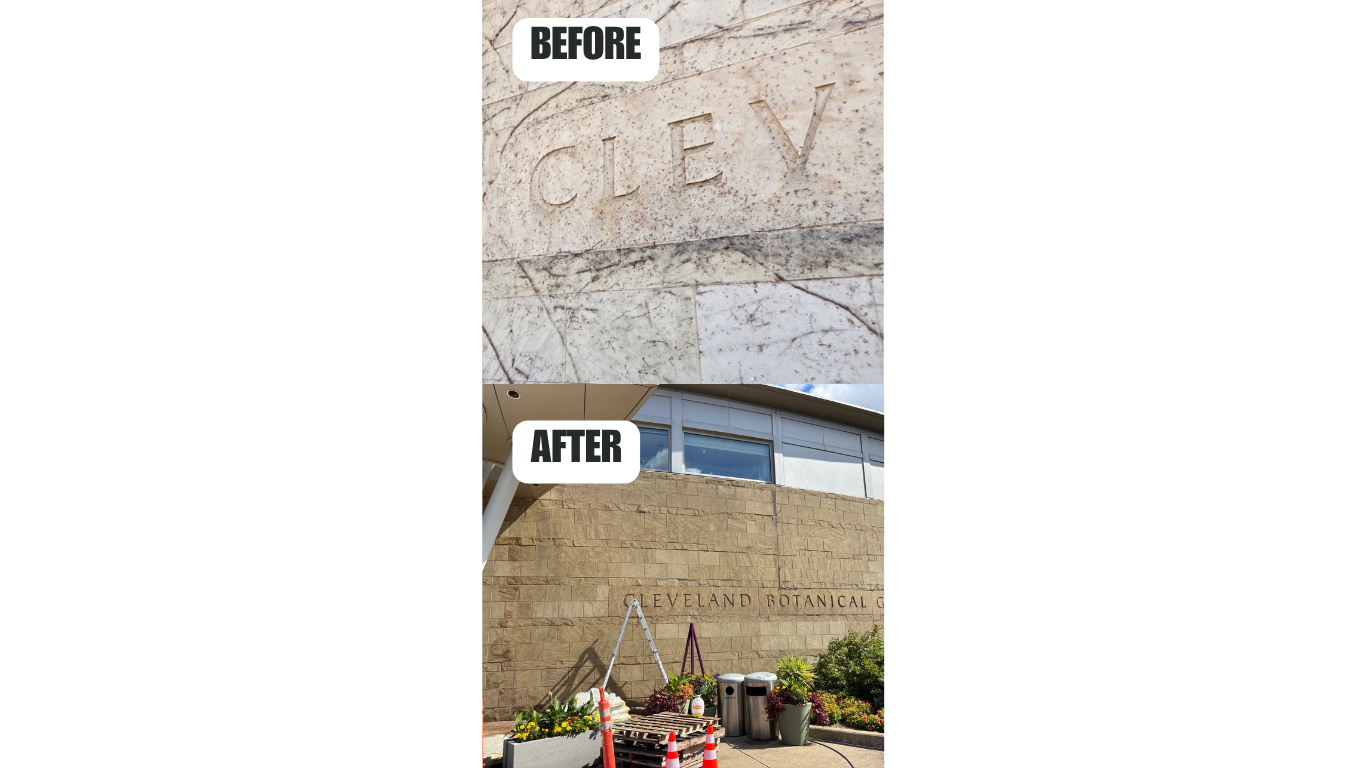 Comparison of a weathered stone sign showing the word 'CLEVELAND' before cleaning and a clean, restored sign outside the Cleveland Botanical Garden.