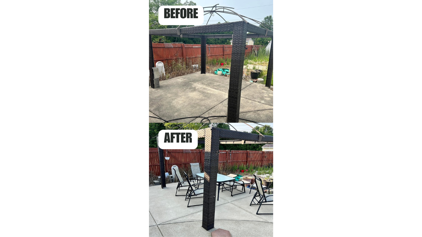 Comparison of a dirty patio area before and a spotless concrete patio in the after, decorated with outdoor furniture.