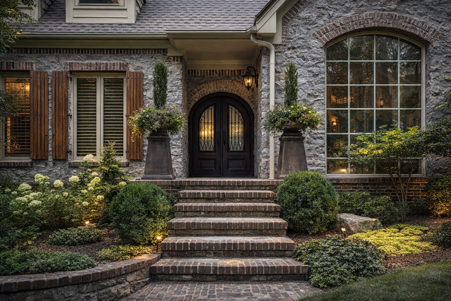 Classic Country French home entrance with black arched door, brick steps and seasonal flower pots — elegant exterior home styling by Velvet Oak Home.

