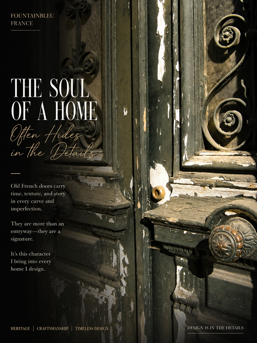 Close-up of an old, weathered French door with peeling paint, ornate metalwork, and a brass doorknob, showcasing aged texture and craftsmanship.