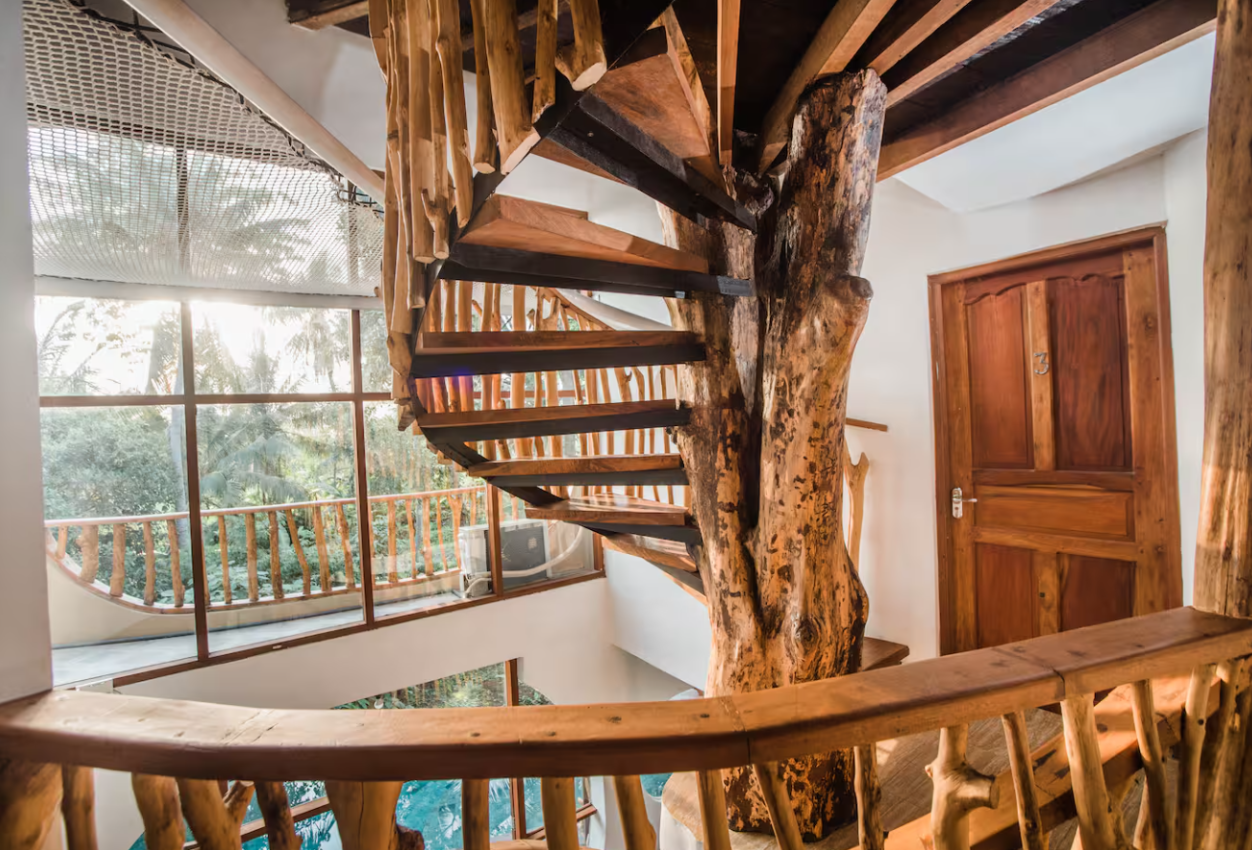 View of a spiral staircase built around a large tree trunk inside a house, with wooden railings and steps, next to large windows with a balcony and greenery outside.