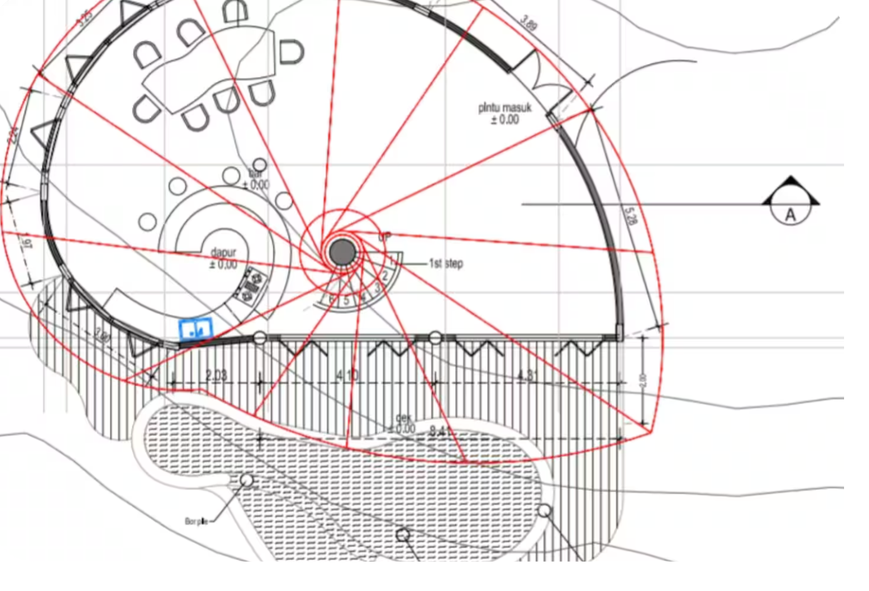 Architectural blueprint of a house floor plan with spiral staircase, furniture, and construction details, overlaid with red radial lines.