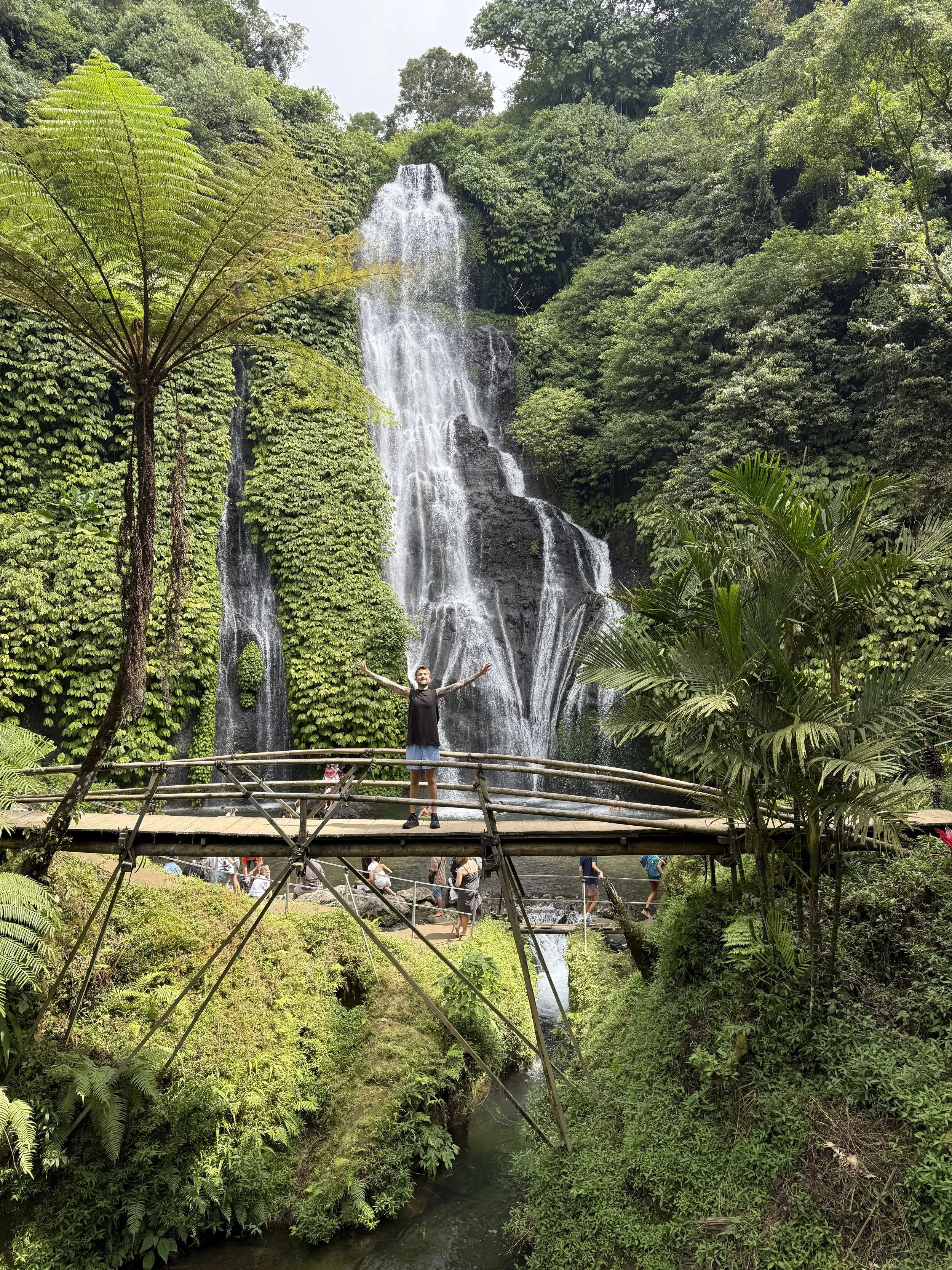 A person standing on a bridge with arms raised in front of a large waterfall surrounded by lush green trees and plants.