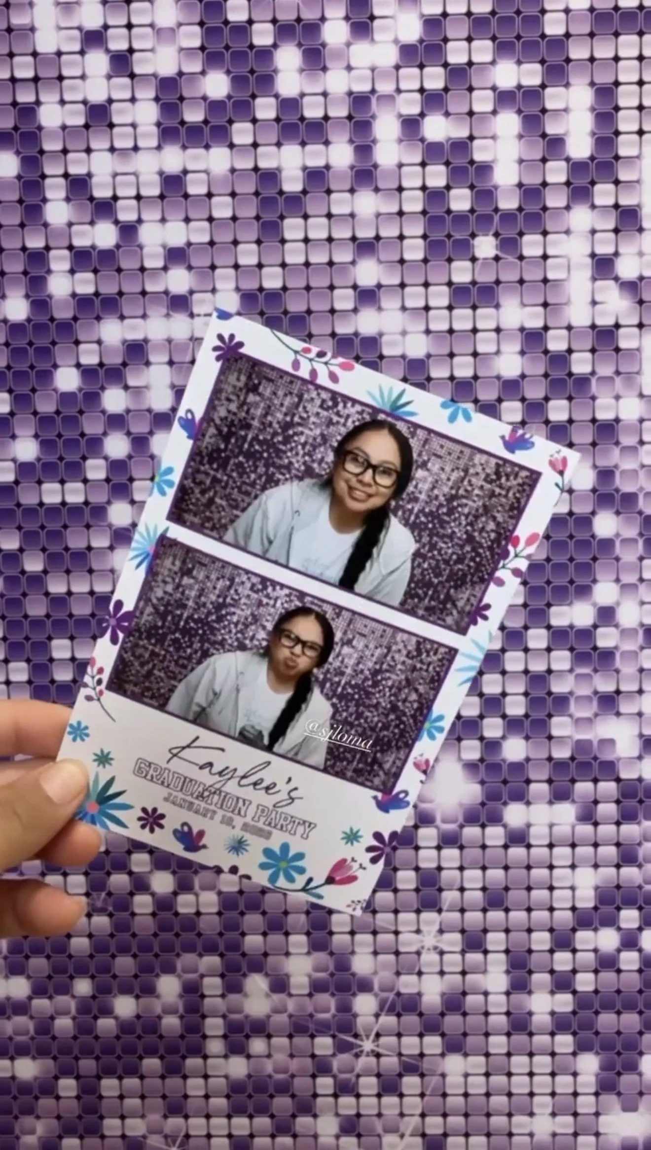 Photo booth strip with two pictures of a woman with glasses and long hair holding a microphone, with a purple, sparkly, mosaic background. The bottom of the strip reads "Kaylee's Graduation Party".