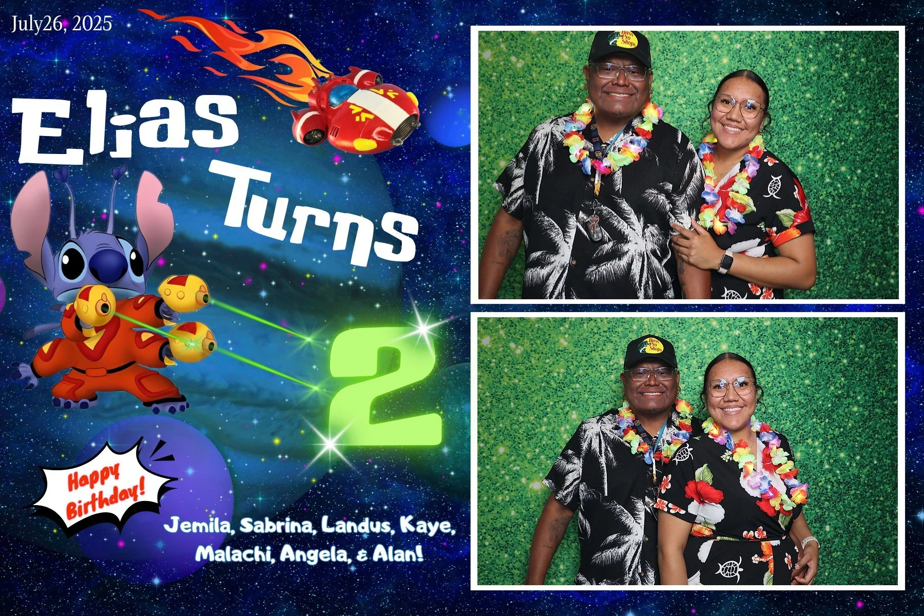 A birthday photo booth backdrop for Elias turns 2, with a space theme showing cartoon aliens and spacecraft, the date July 26, 2025, and the message 'Happy Birthday!' with photos of two smiling people, a man and a woman, wearing Hawaiian-style shirts, leis, and hats, against a green glittery background.