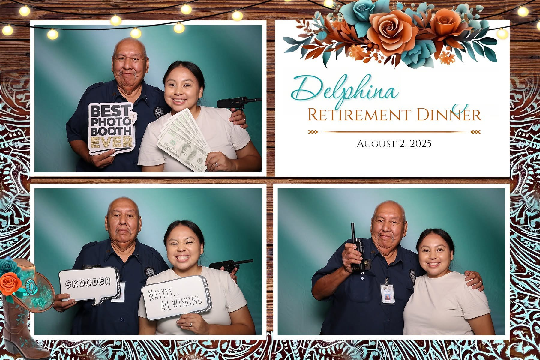 Photo collage from a retirement party with two people posing in a photo booth. The top photo shows an older man in a security uniform holding a sign that says "Best Photo Booth Ever" and a young woman holding a fan of money. The bottom left photo shows the same man and woman holding signs that say "Skooden" and "Nayyyy... All Wishing" with the woman smiling. The bottom right photo shows the man in uniform holding a walkie-talkie and the woman smiling with her arm around him. The background is teal, and the collage is decorated with floral and western-themed patterns.