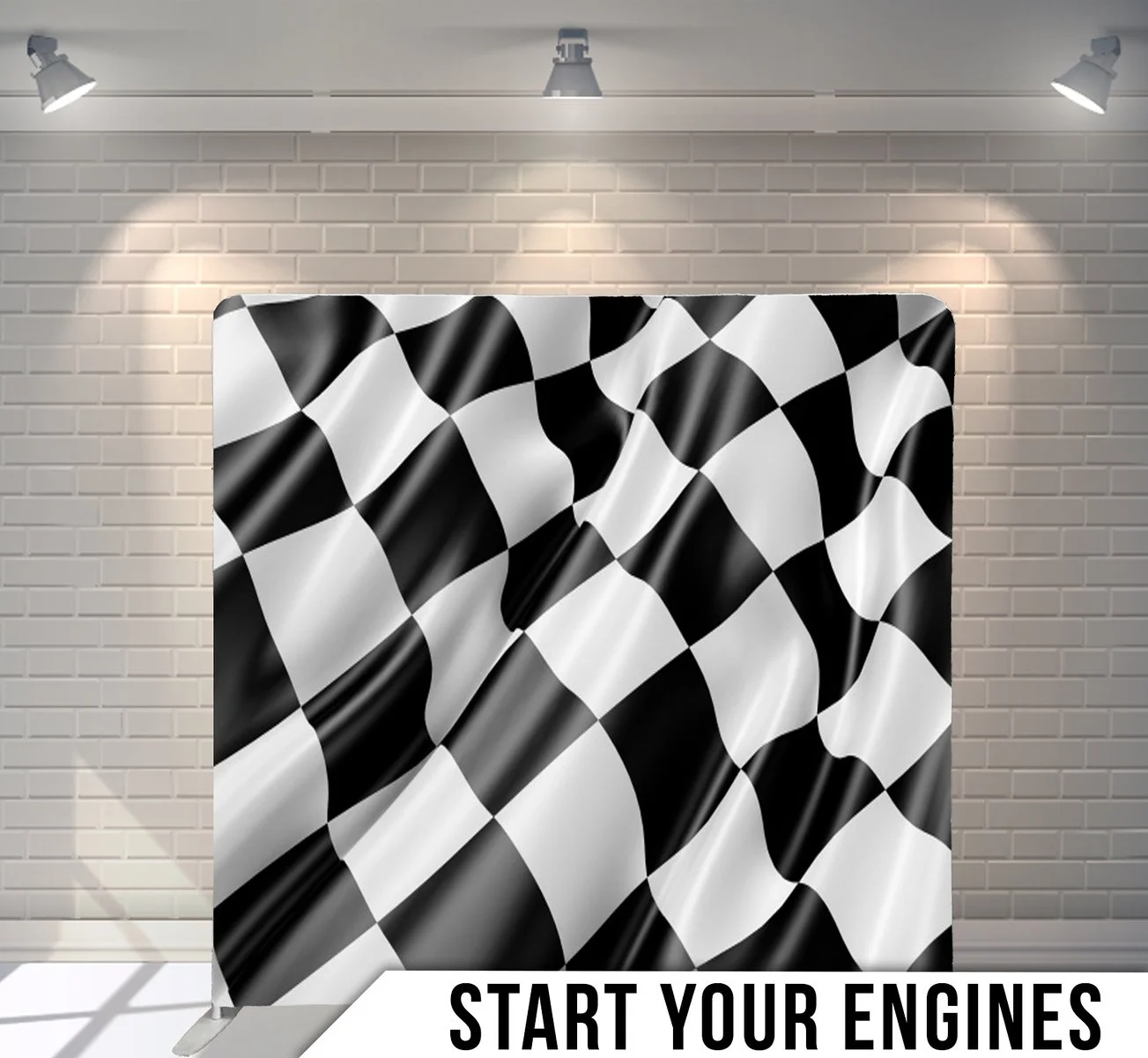 Black and white checkered curtain with the text 'Start Your Engines' at the bottom.