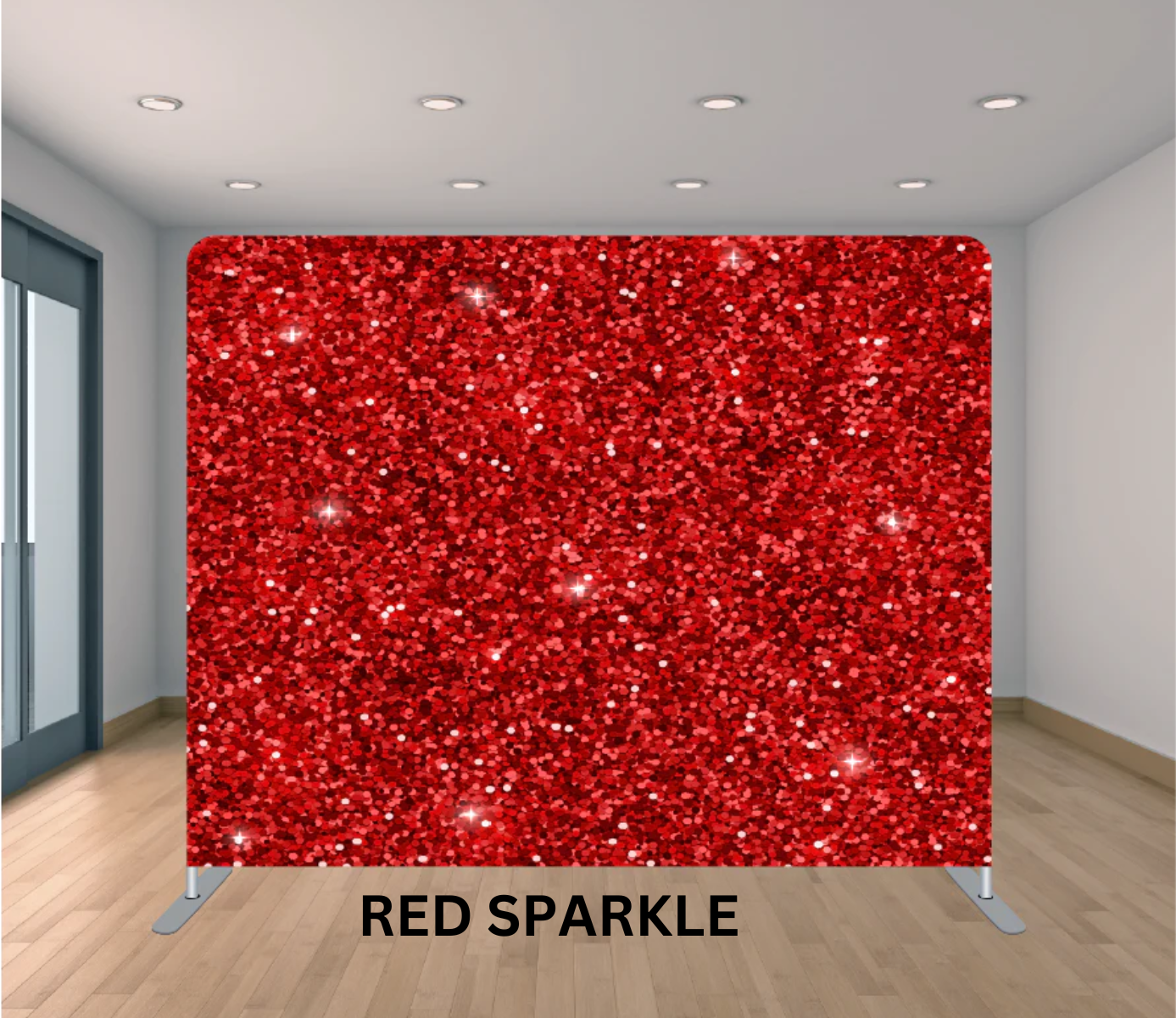 A room with a red sparkling glitter backdrop labeled "Red Sparkle" on the floor, gray door on the left, wooden floor, white ceiling with spotlights.