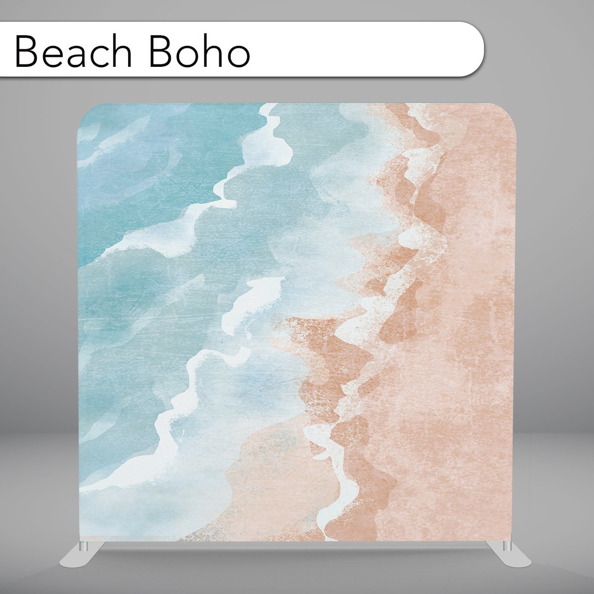 A beach-themed privacy screen with abstract watercolor designs of blue and pink waves, labeled 'Beach Boho' at the top.
