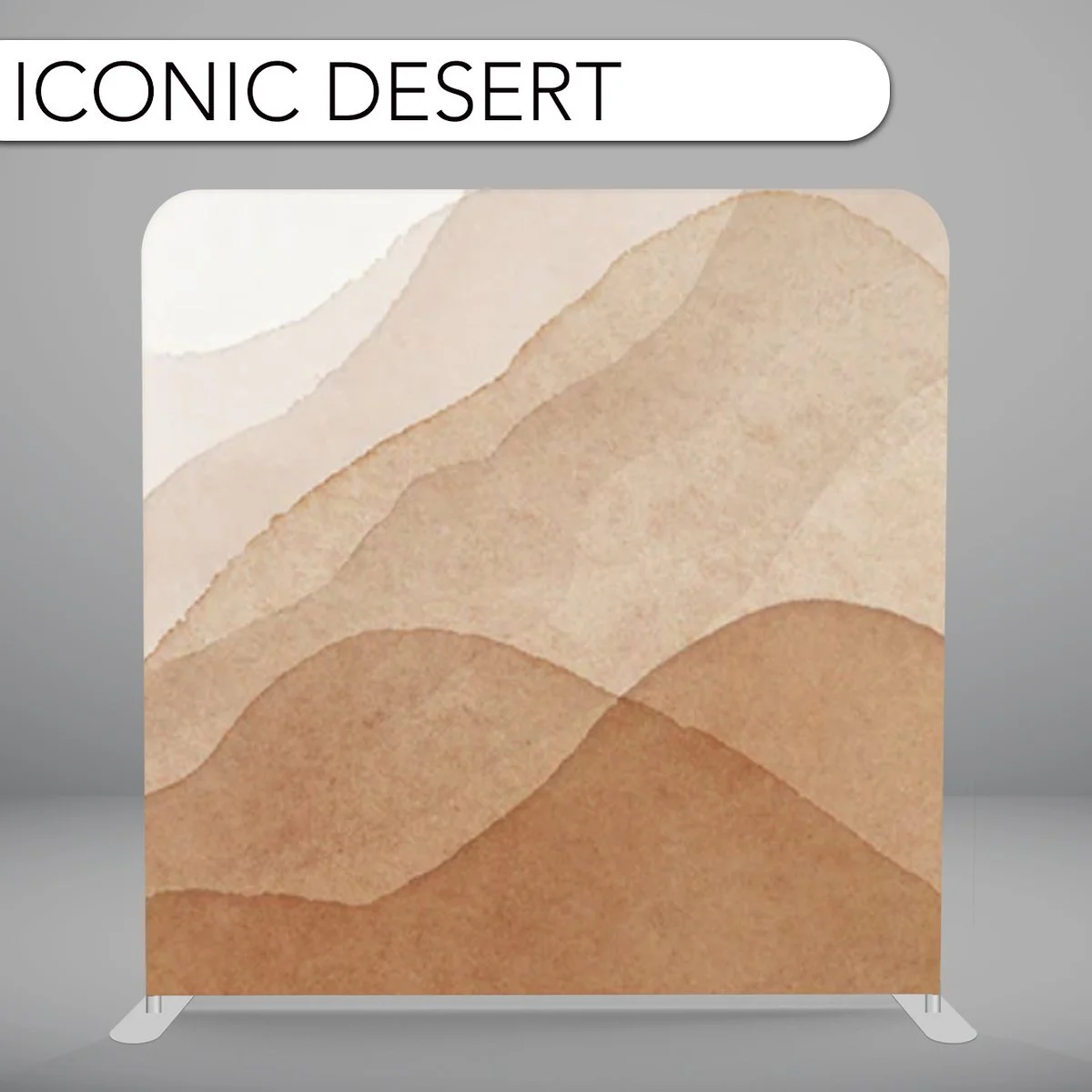 A decorative wall panel titled 'Iconic Desert' featuring layered abstract desert mountains in shades of beige, tan, and light brown.