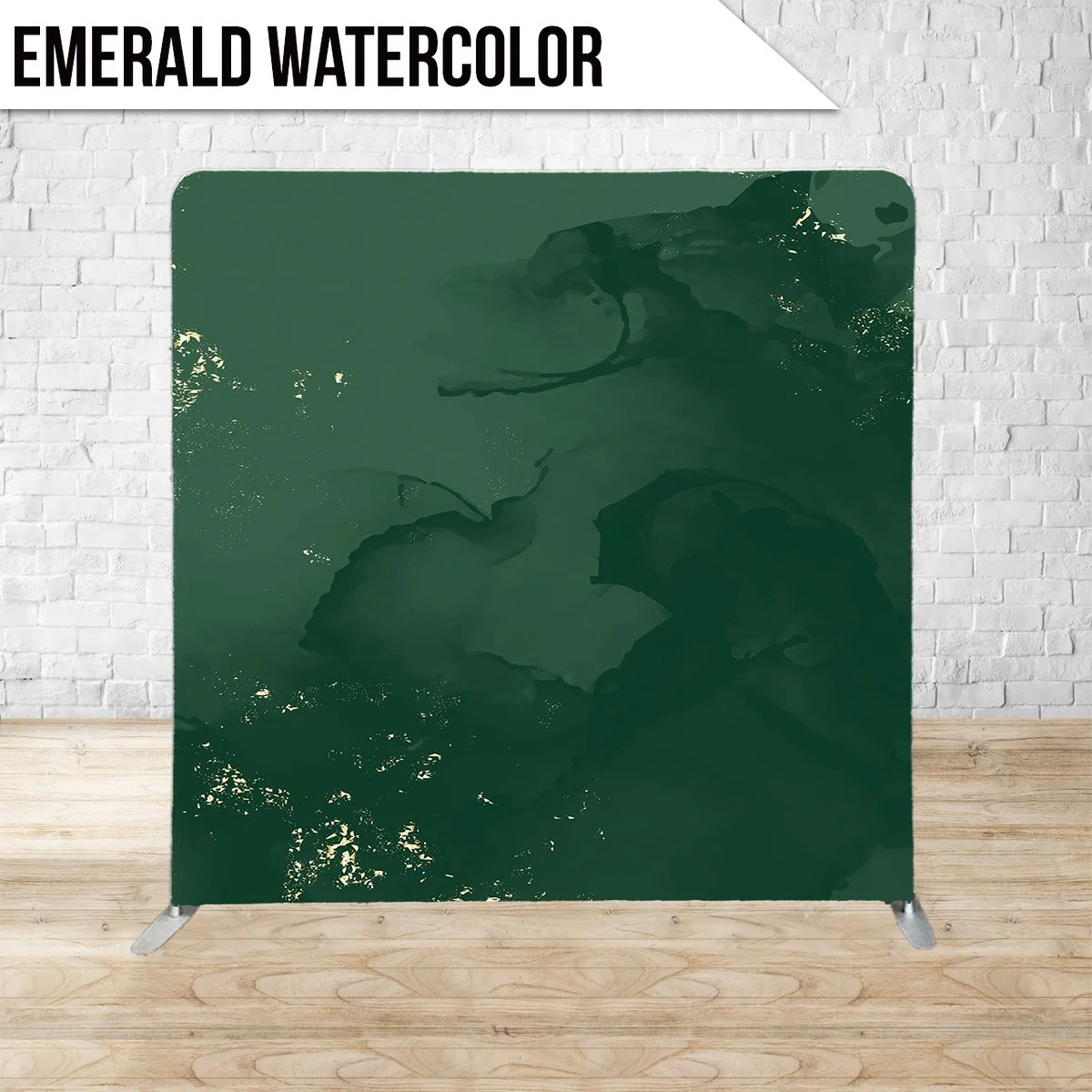 A display with a green watercolor design and the words "Emerald Watercolor" in bold black text on a white banner at the top, set against a white brick wall background.