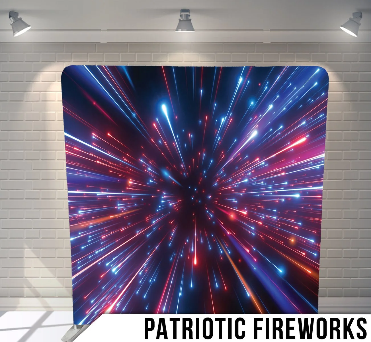 A patriotic fireworks backdrop with streaks of red, white, and blue lights radiating outward, set against a dark background, with the text 'PATRIOTIC FIREWORKS' at the bottom.